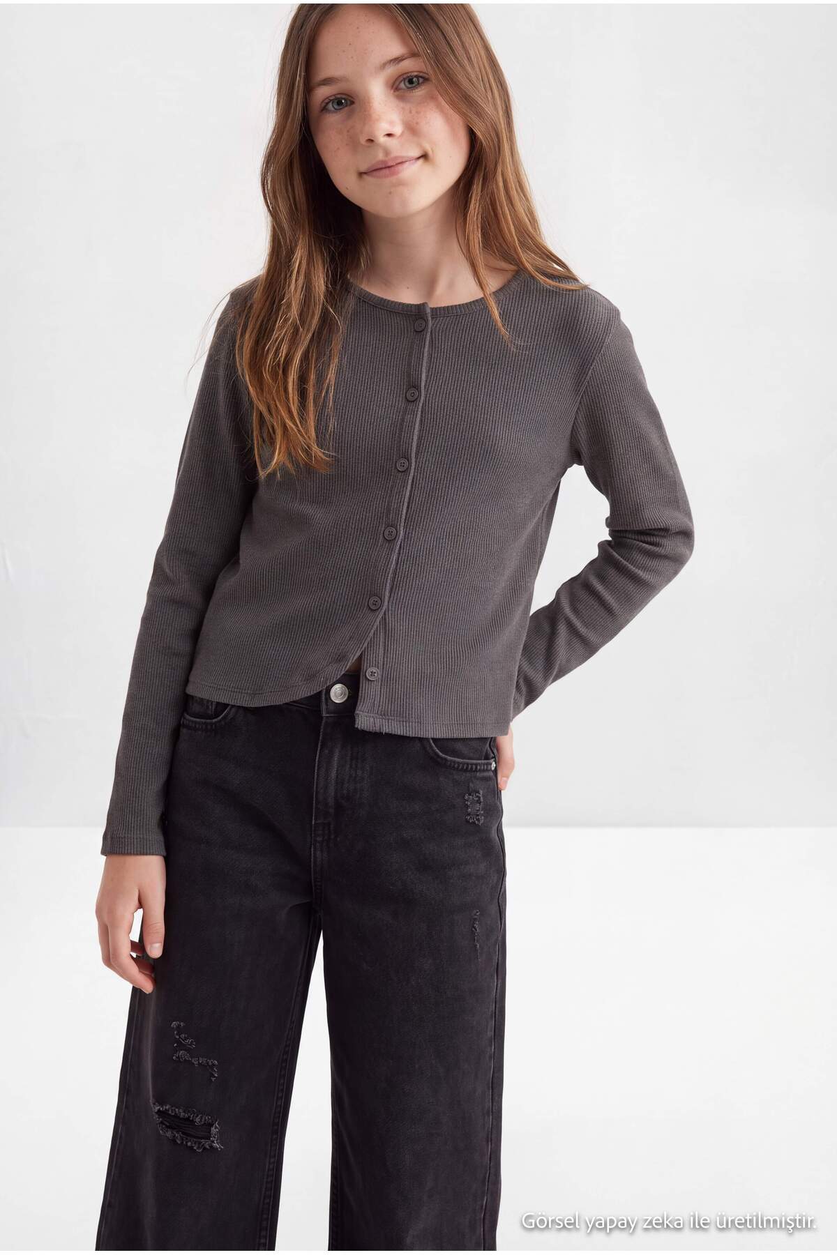 Girls' Anthracite Ribbed Stretch Button-Front Top