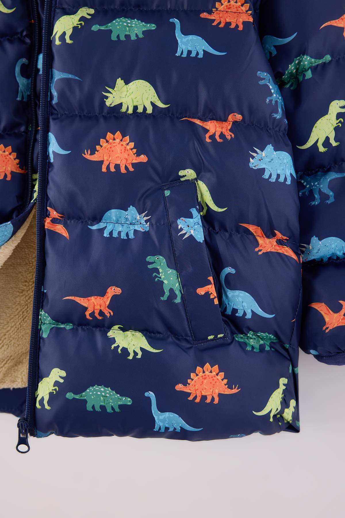 Boys' Navy Dinosaur-Print Fleece-Lined Hooded Puffer Coat
