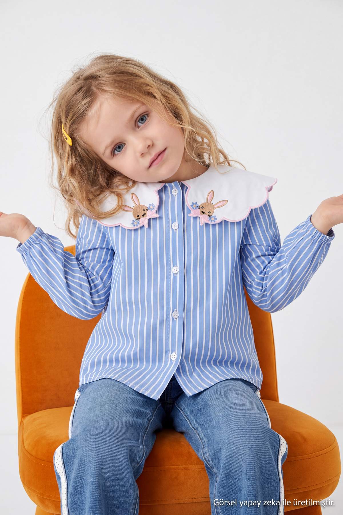 Girls' Blue Striped Bunny-Collar Shirt