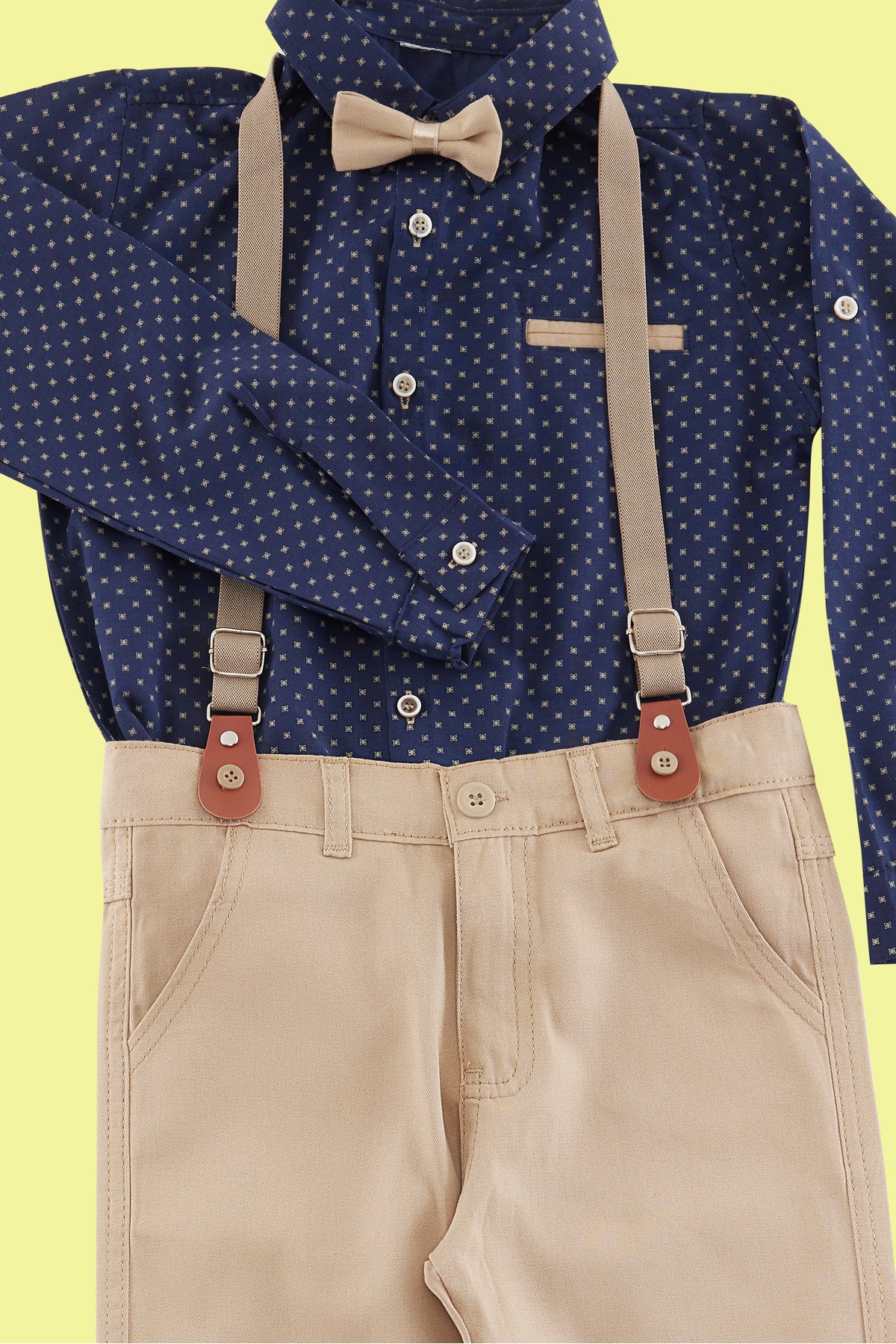 Boys' Navy 4-Piece Bow Tie, Polka-Dot Shirt, Trousers & Braces Set