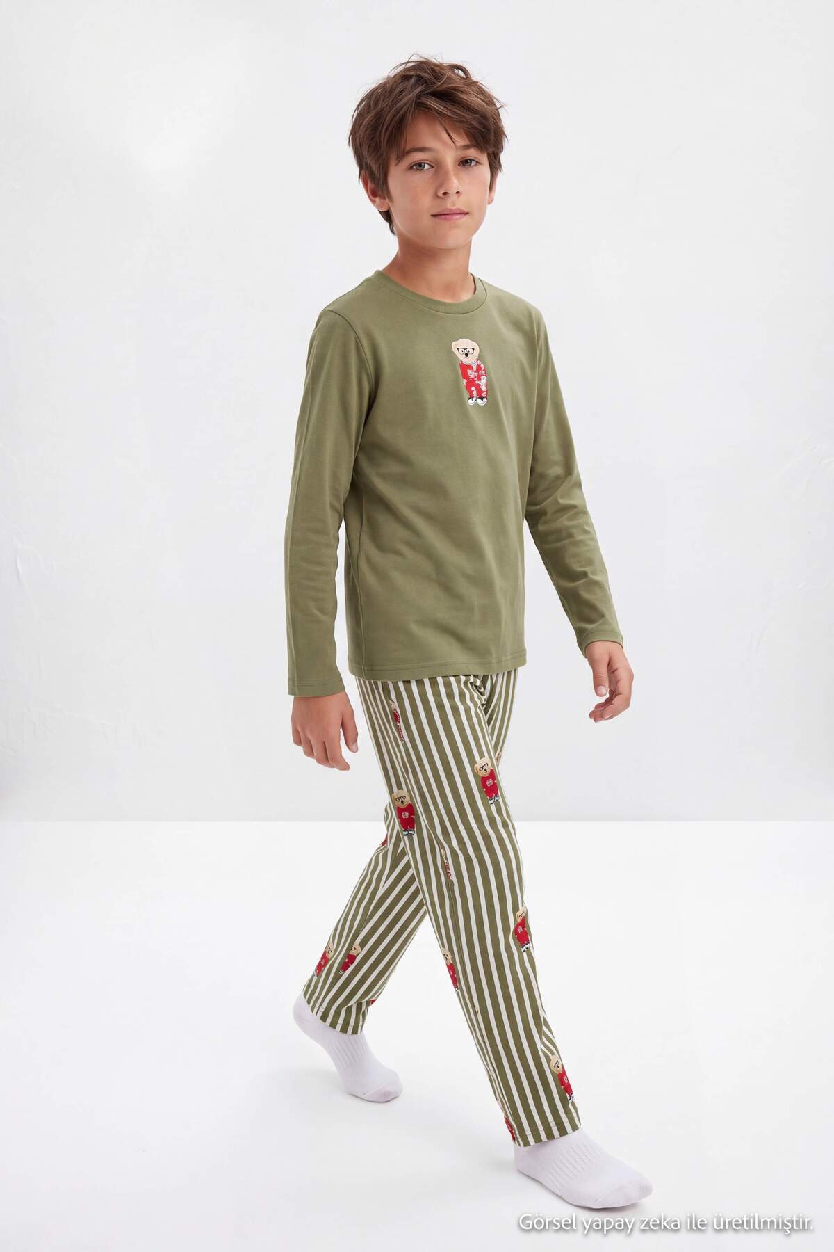 Boys' Khaki Printed Cotton Pyjama Set