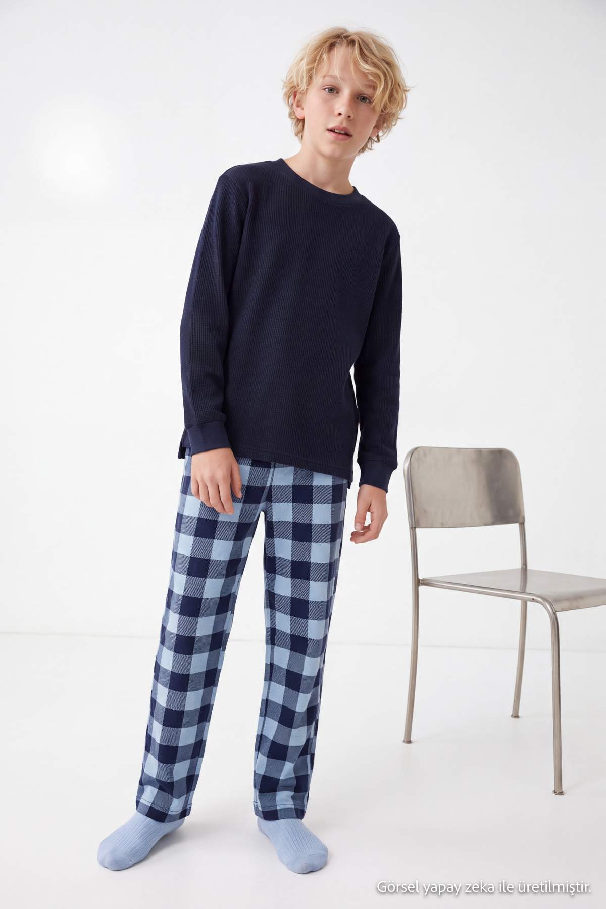 Boys' Navy Top & Checked Trousers Pyjama Set