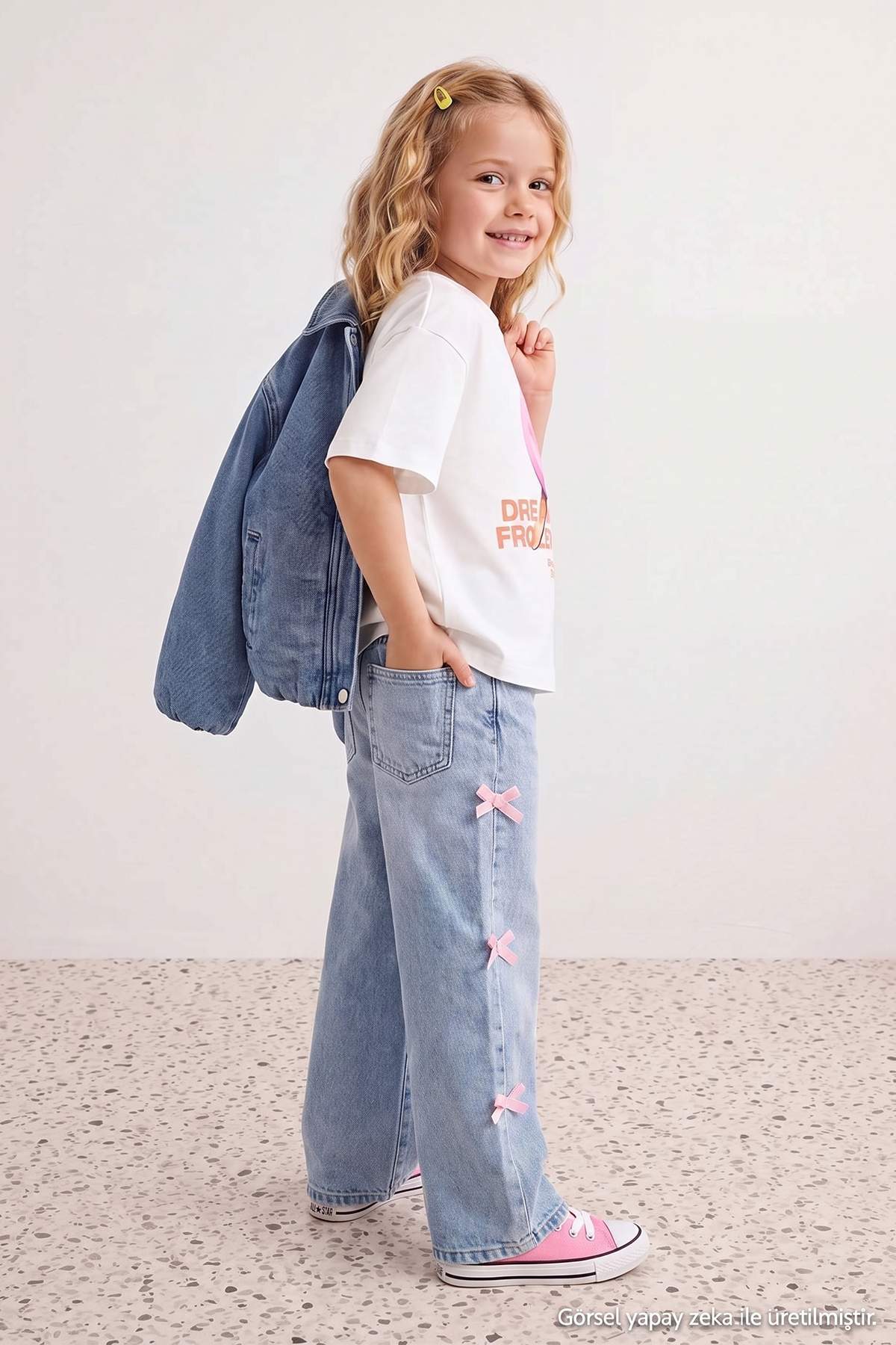 Girls' Mid-Blue Cotton Bow Wide-Leg Jeans