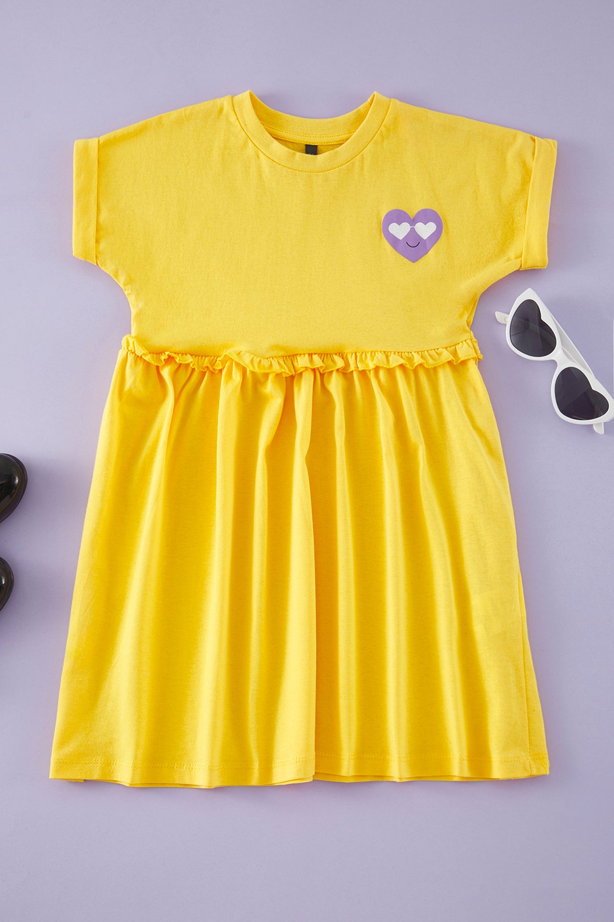 Girls' Heart-Print Cotton Mini Dress