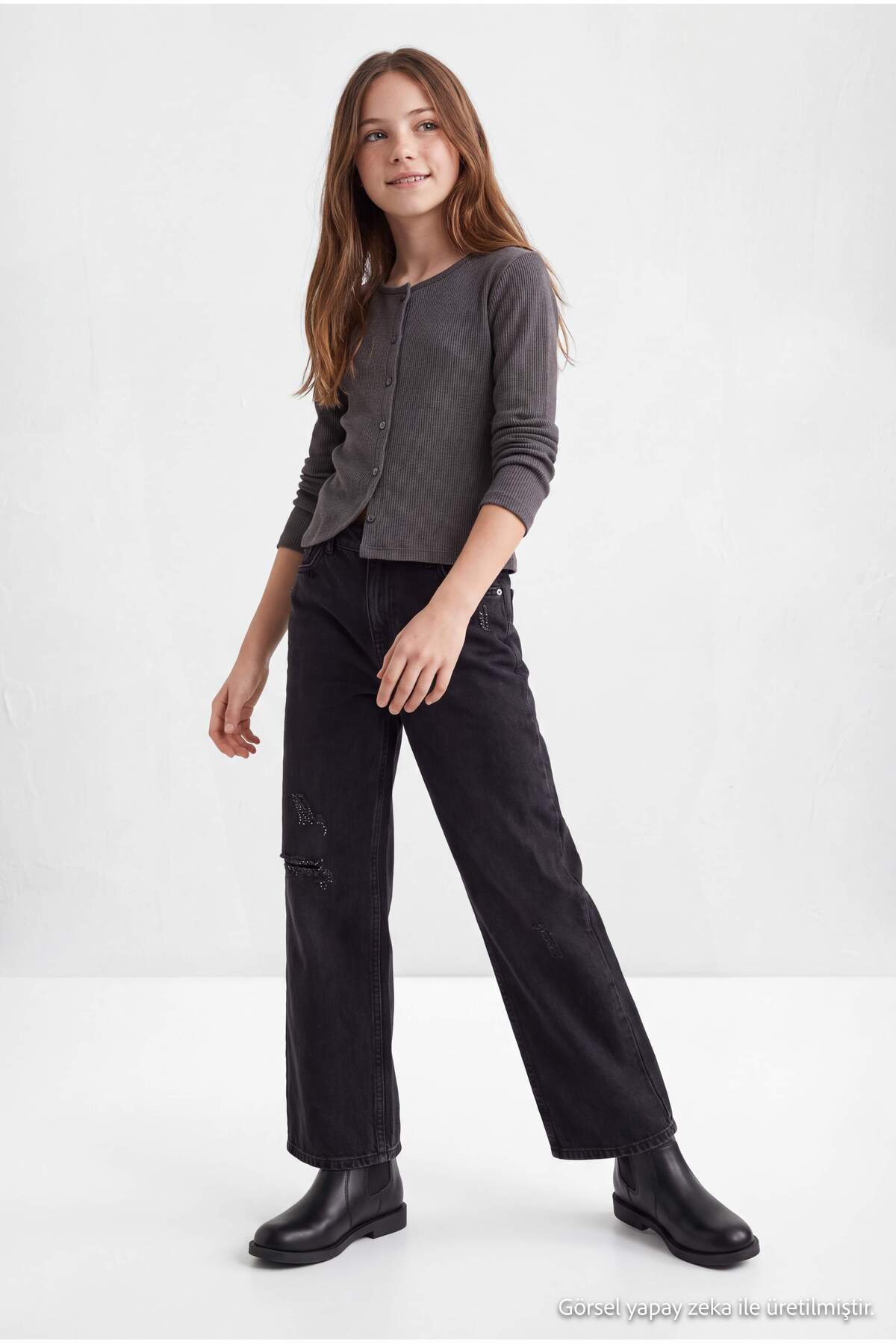 Girls' Anthracite Ribbed Stretch Button-Front Top