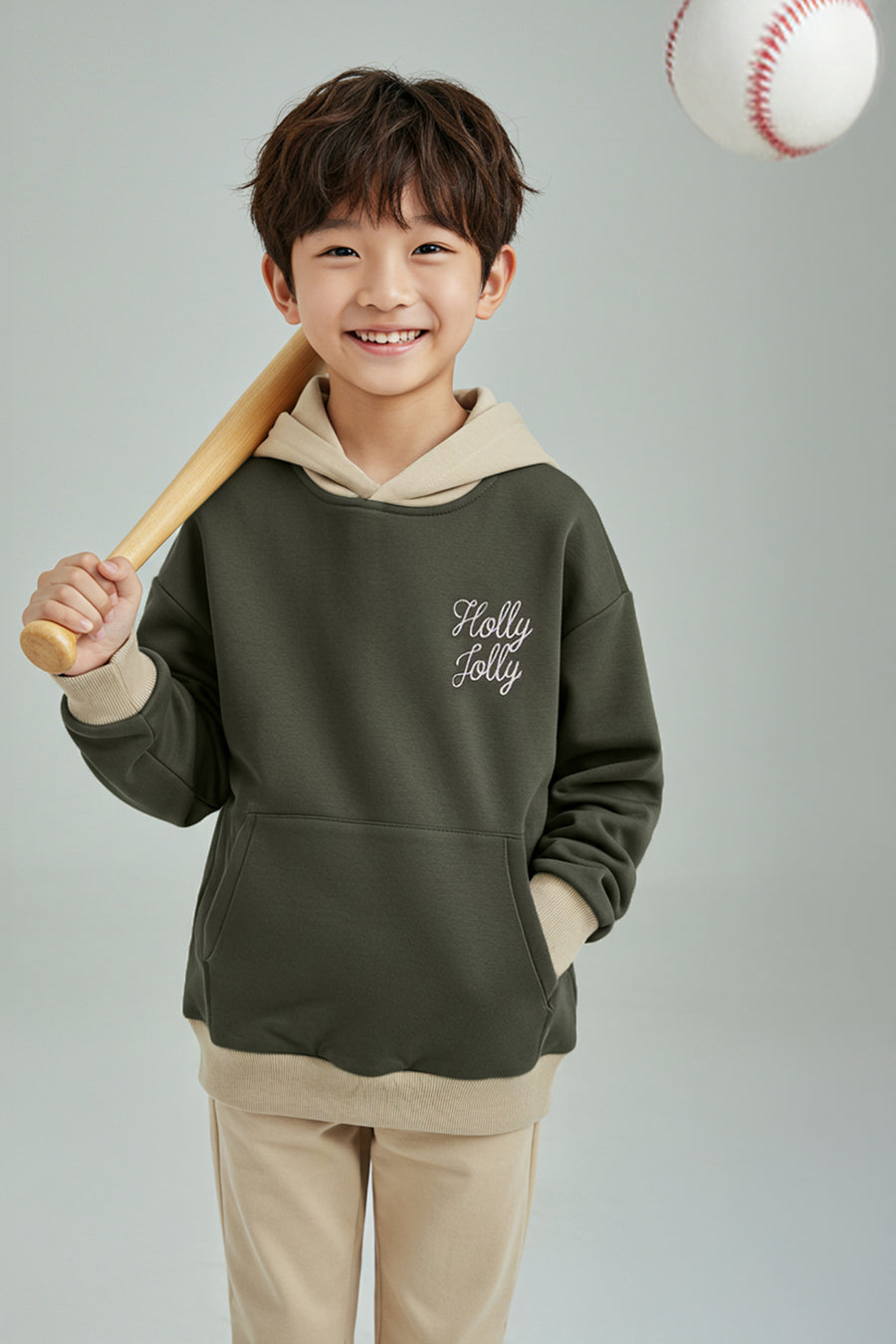 Boys' Khaki Slogan Oversized Cotton Hoodie