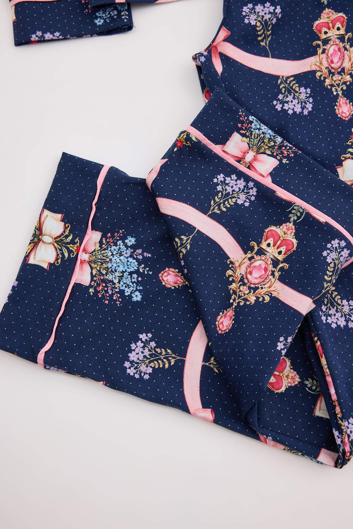 Girls' Navy Printed Button-Up Pyjama Set