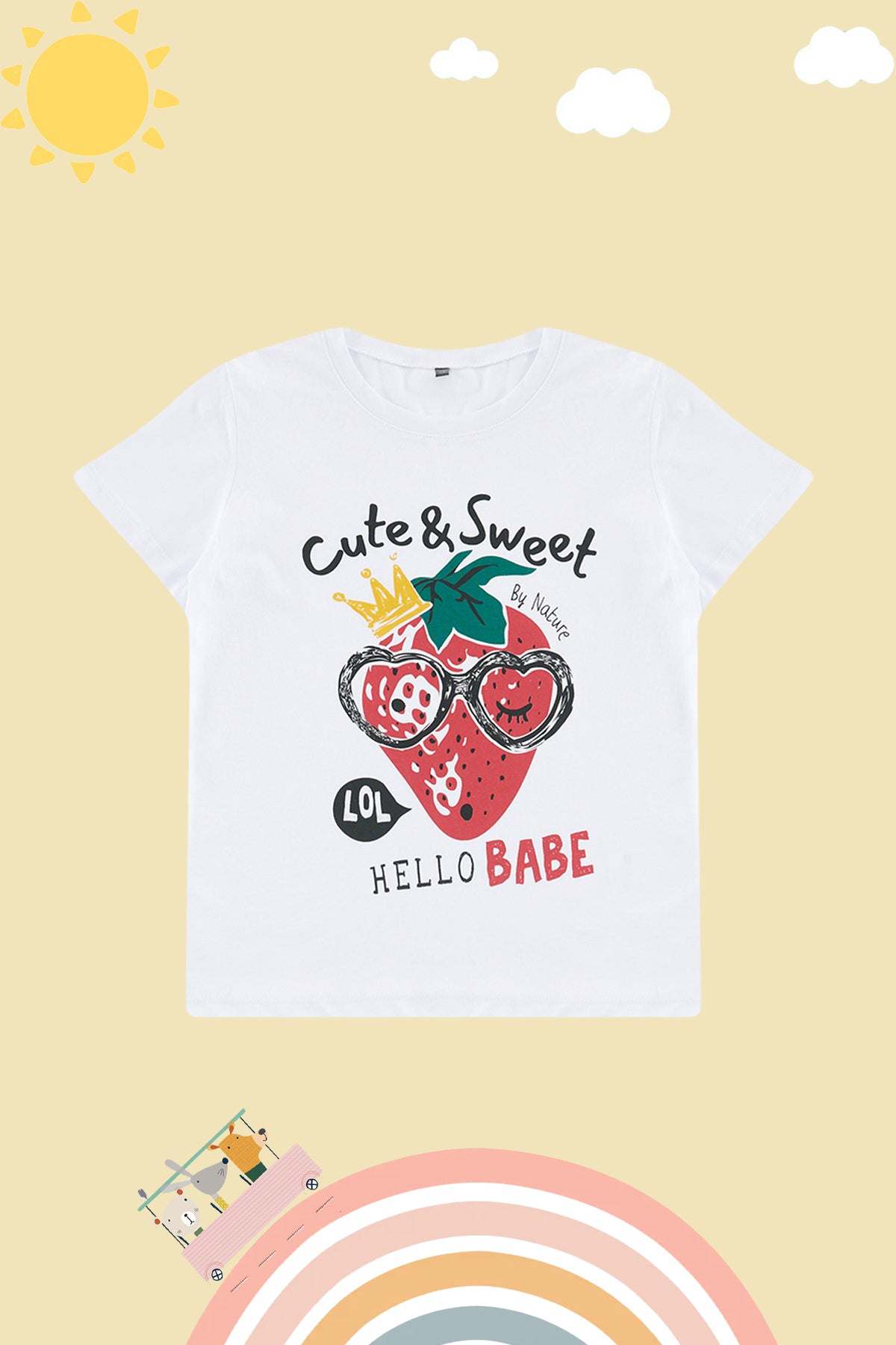 Girls' White Strawberry Slogan Cotton T-Shirt