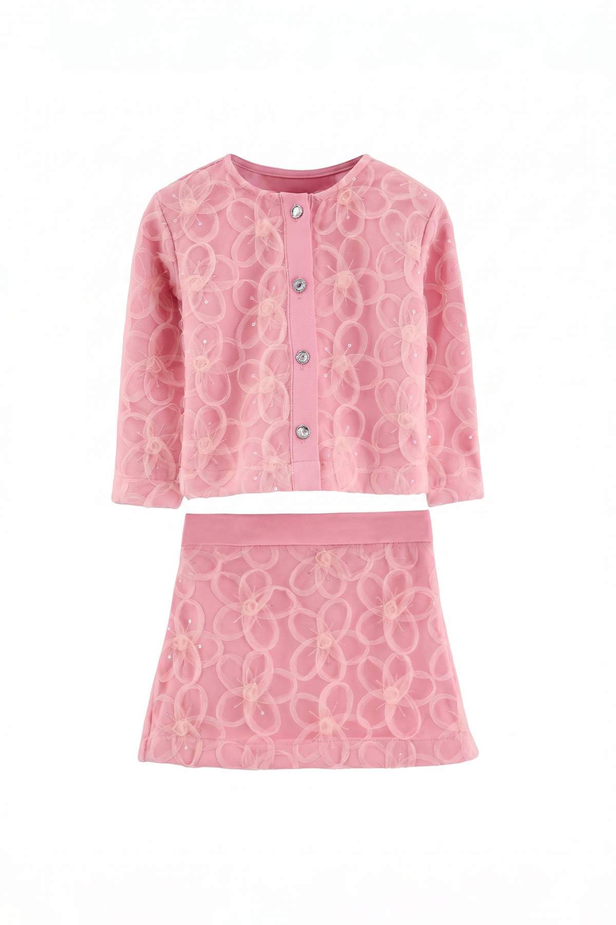 Girls' Pink Cotton Tulle-Detail Jacket & Skirt Set