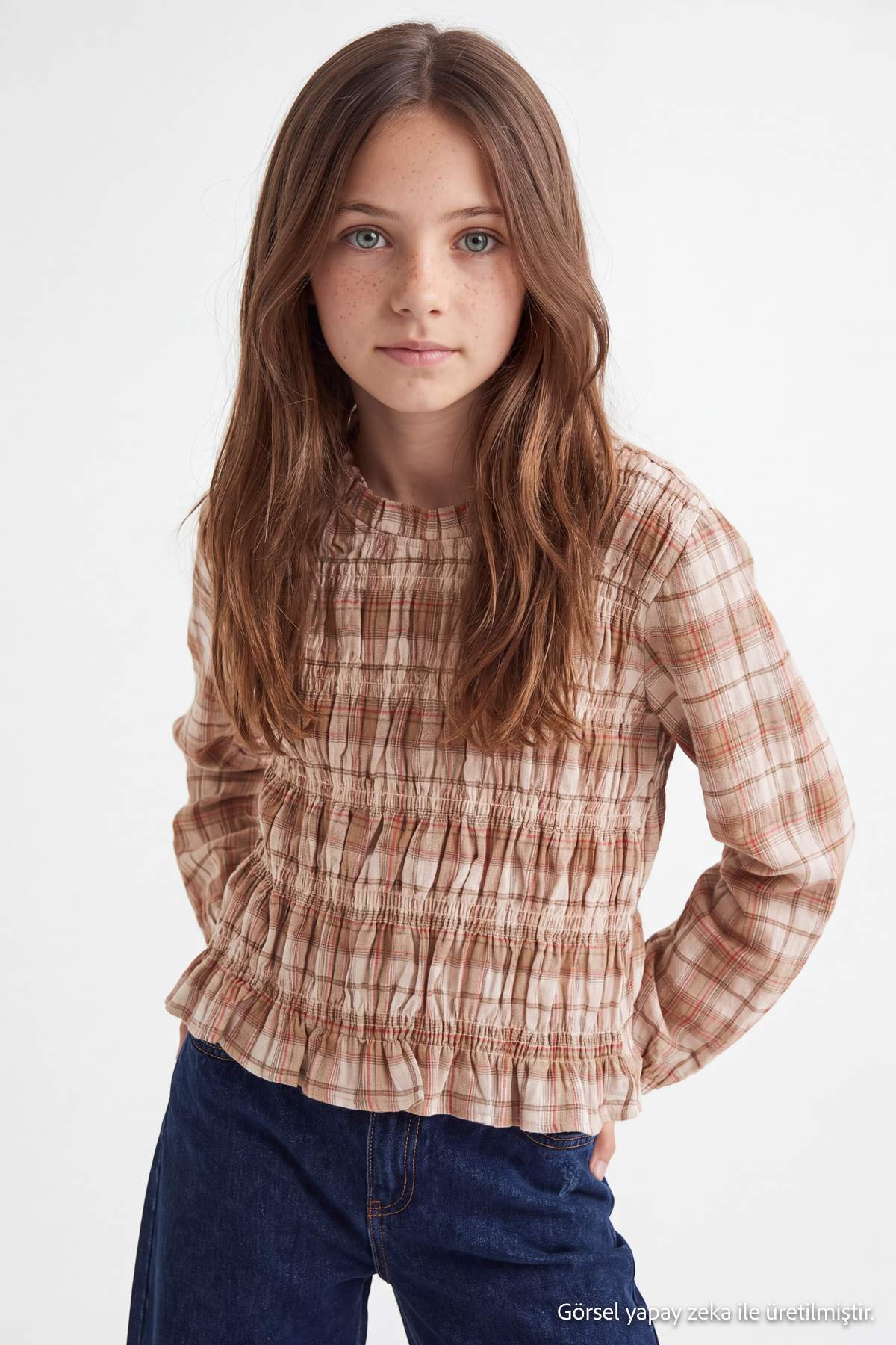 Girls' Plaid Shirred Long-Sleeve Shirt
