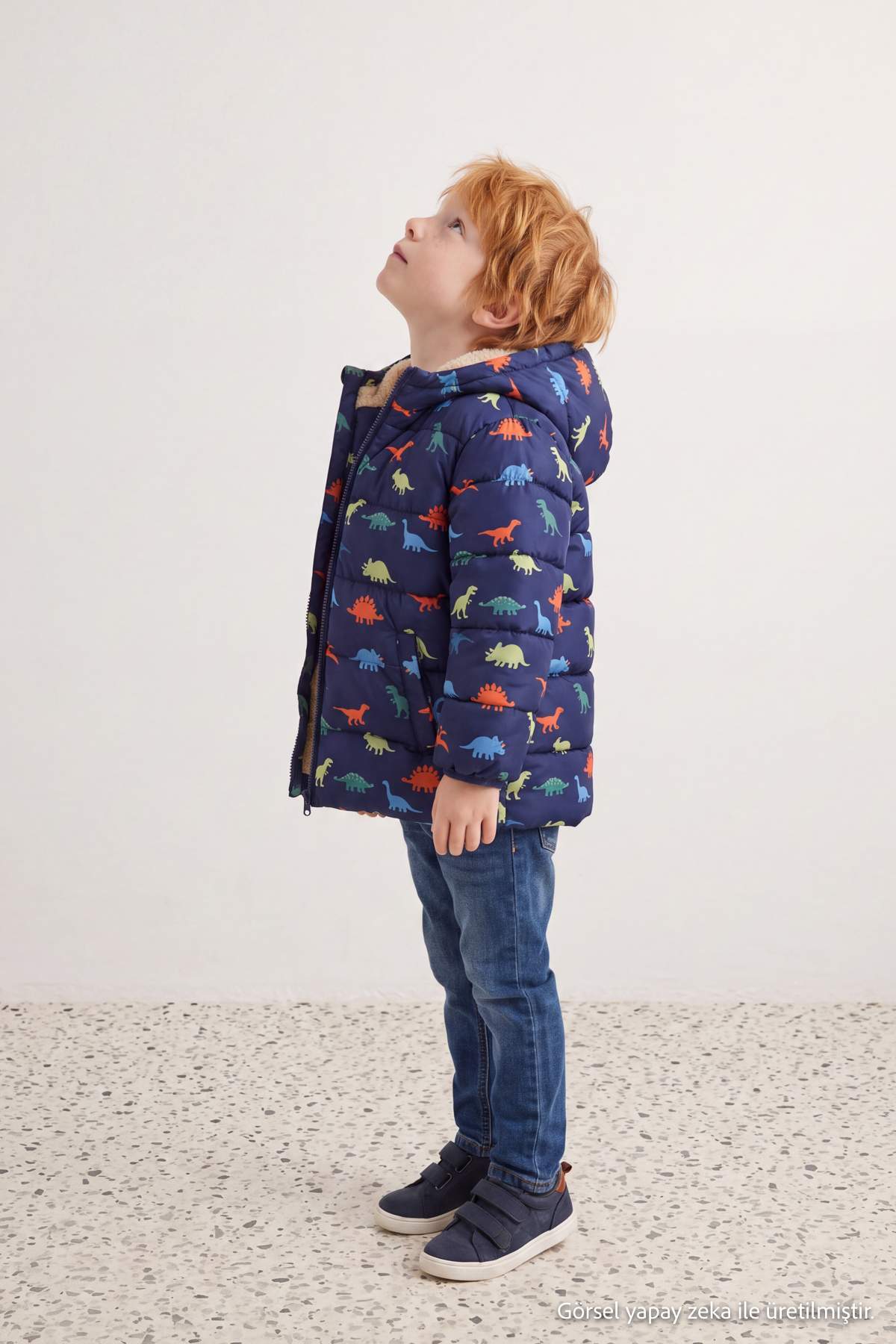 Boys' Navy Dinosaur-Print Fleece-Lined Hooded Puffer Coat