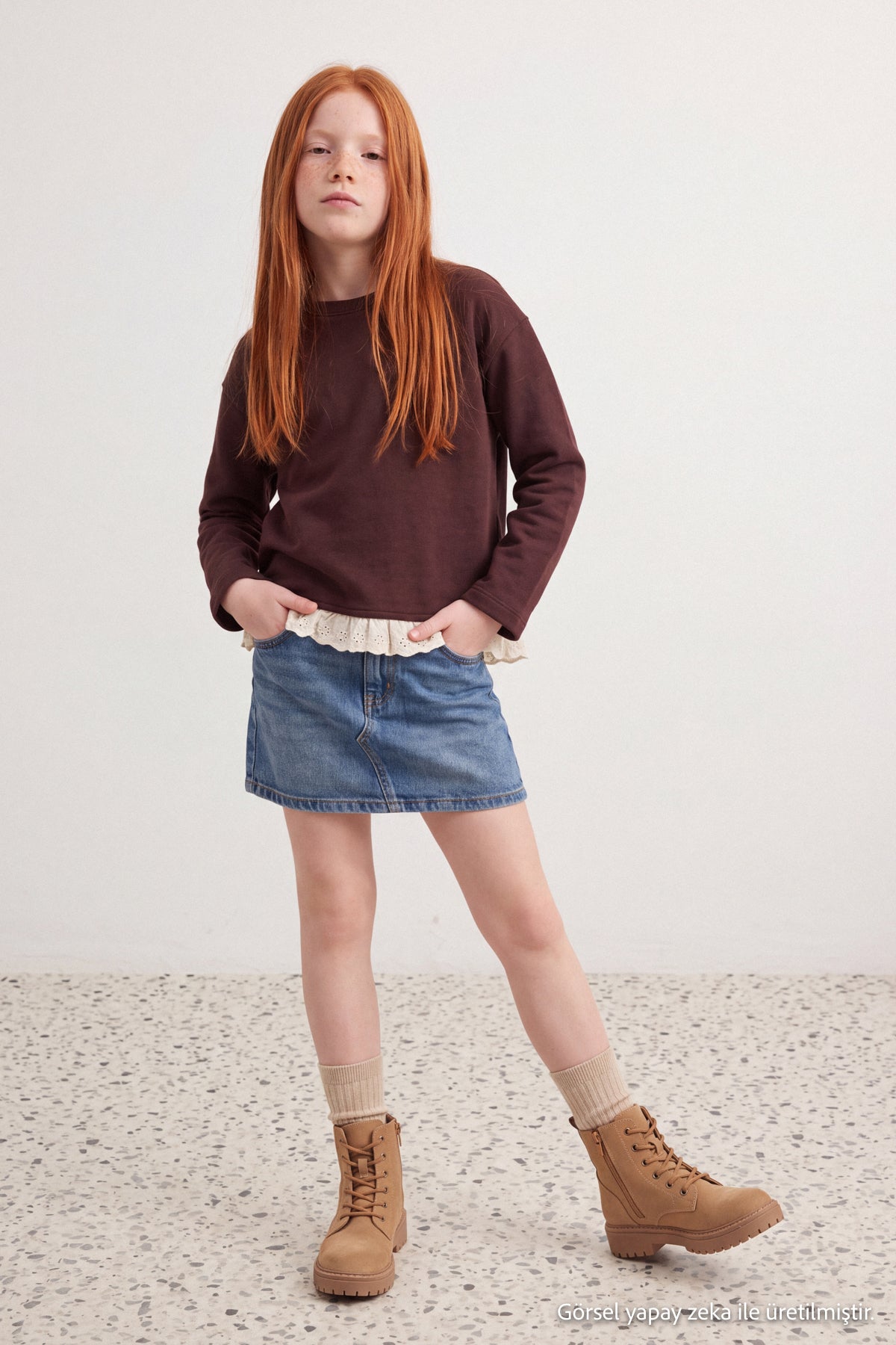 Girls' Brown Thick Cotton Crew-Neck Sweatshirt