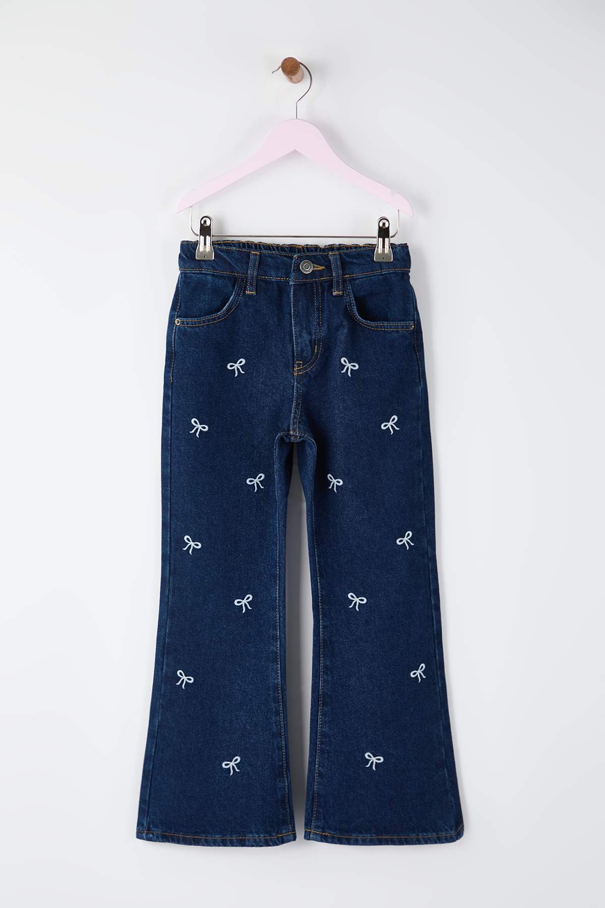 Girls' Floral-Embroidered Cotton Wide-Leg Jeans