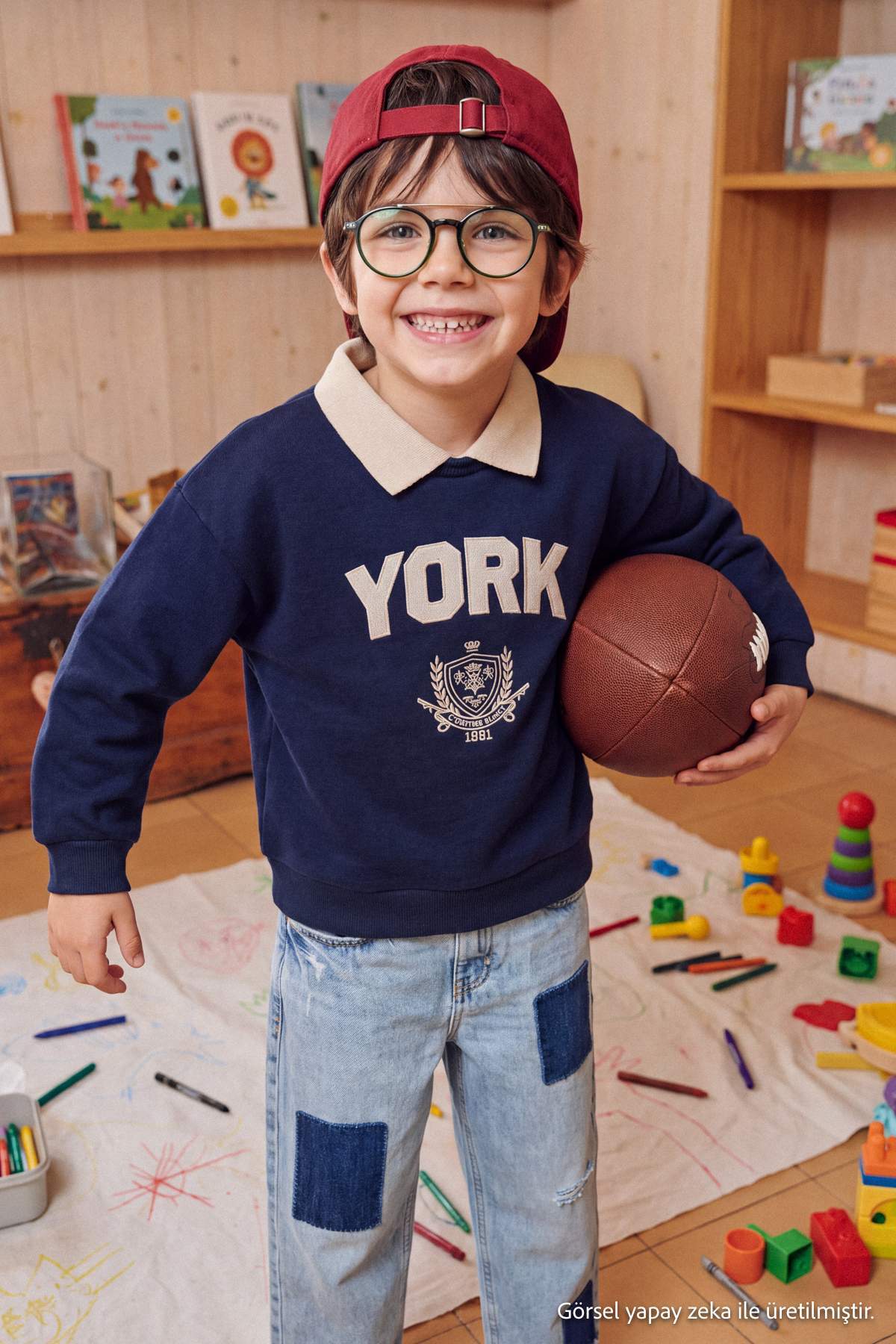 Kids' Navy Embroidered Polo-Collar Fleece-Lined Sweatshirt