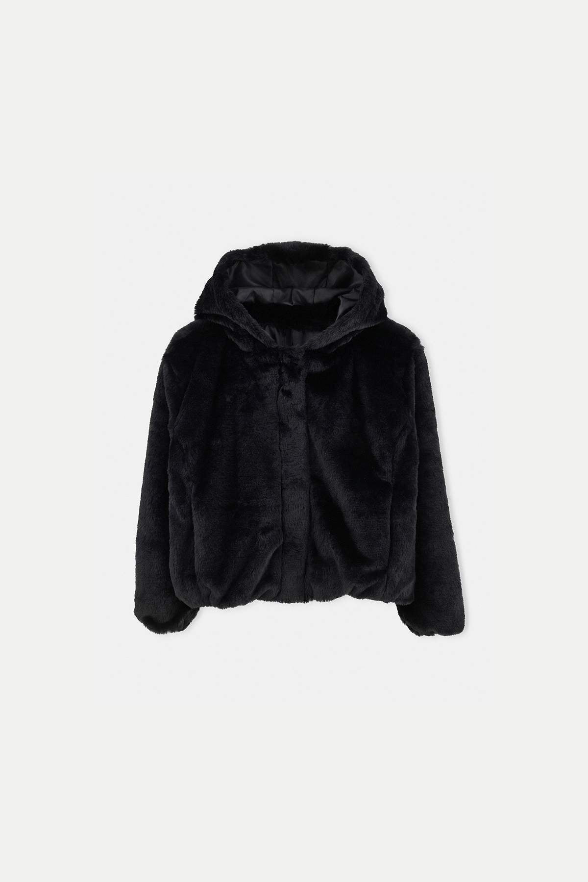 Girls' Black Hooded Plush Jacket
