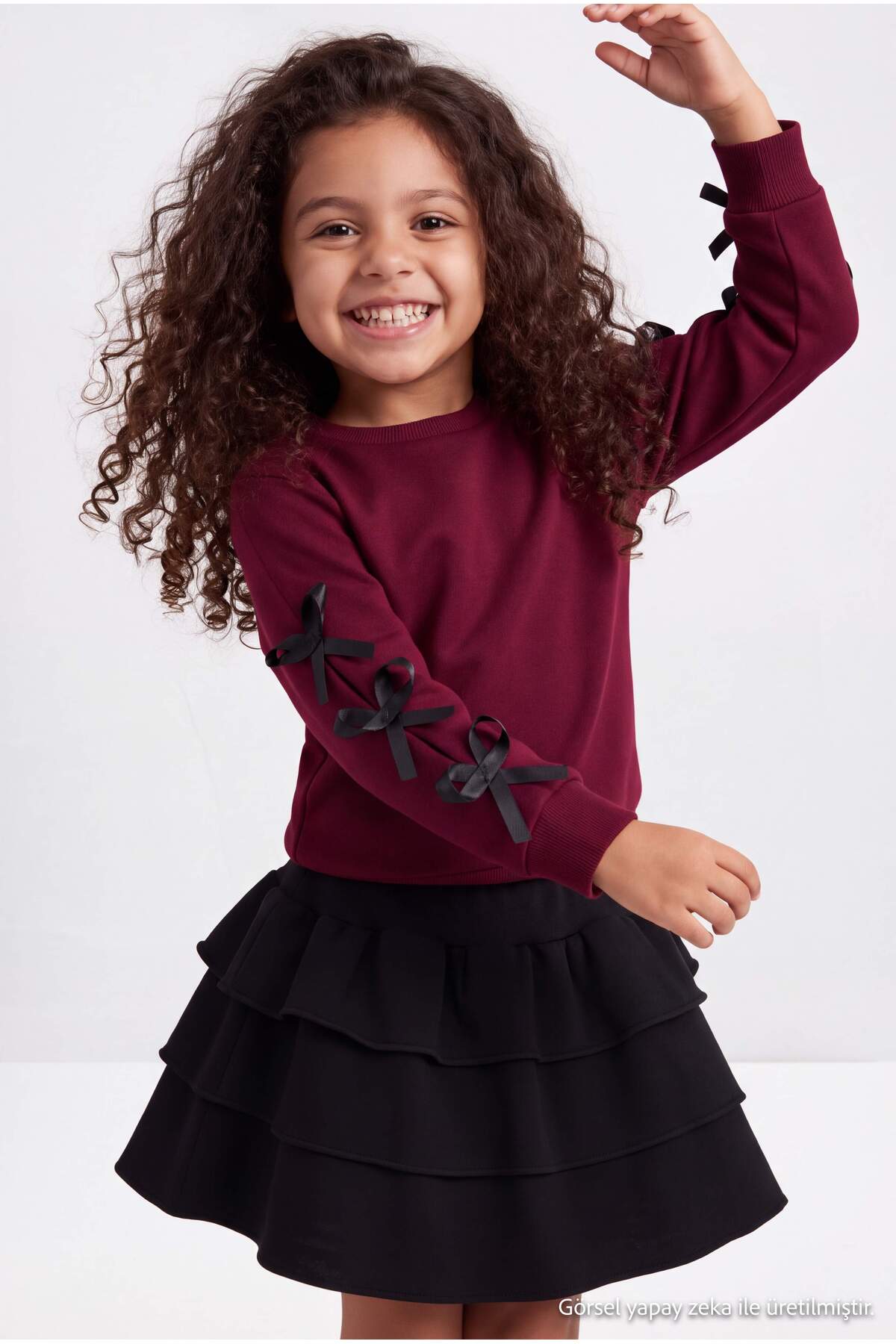 Girls' Bow-Sleeve Sweatshirt & Tiered Skirt Set