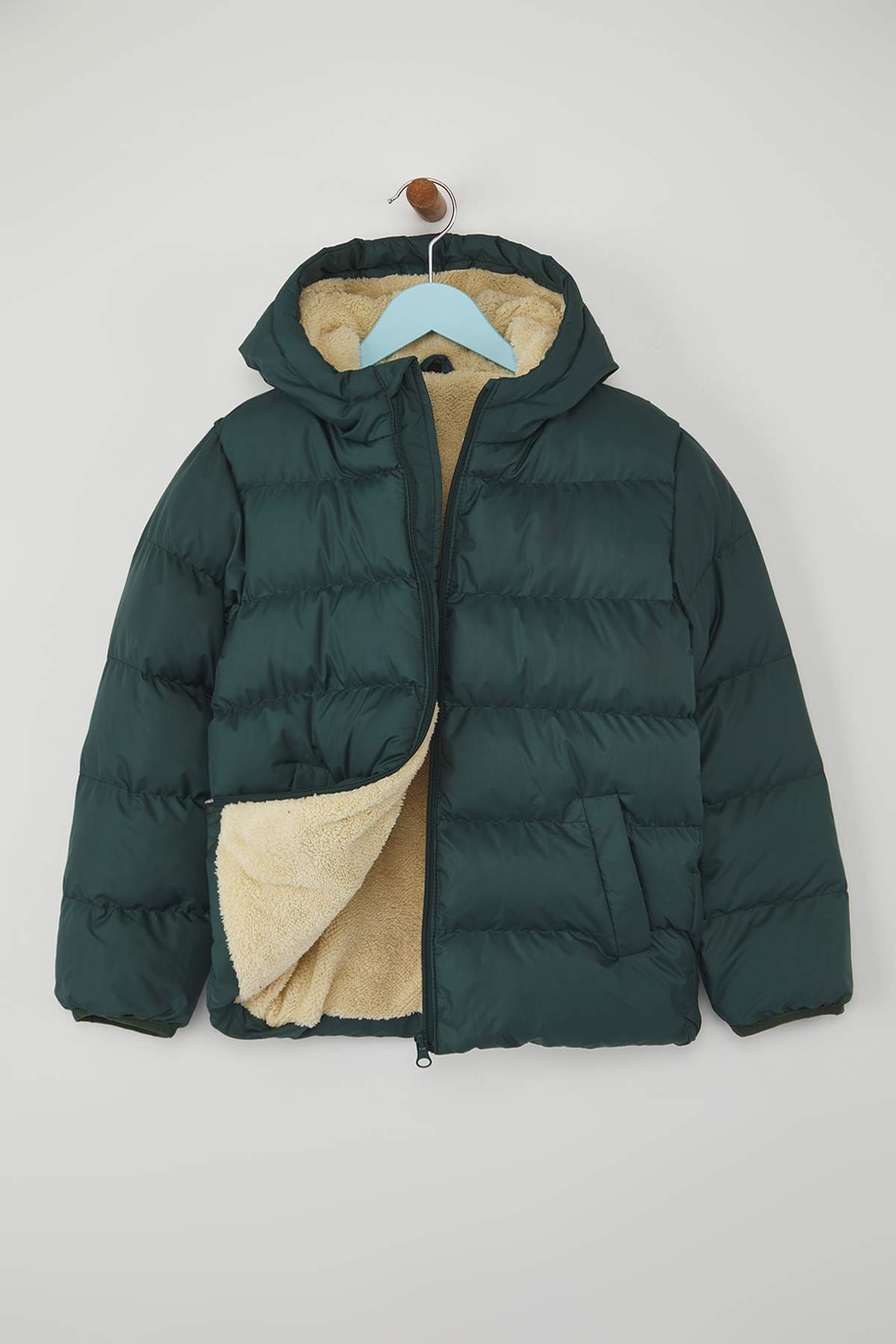 Kids' Green Fleece-Lined Hooded Puffer Coat