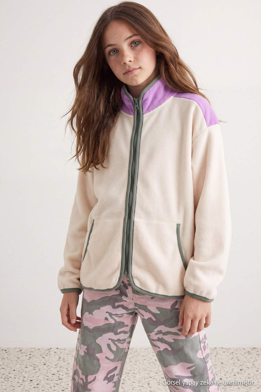 Girls' Ecru Fleece Jacket with Pockets
