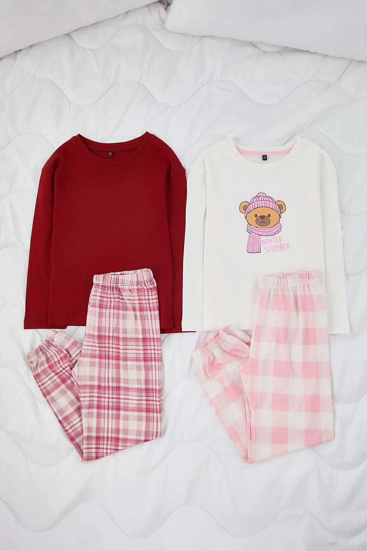 Girls' Burgundy & Pink Check Soft Pyjama 4-Piece Set
