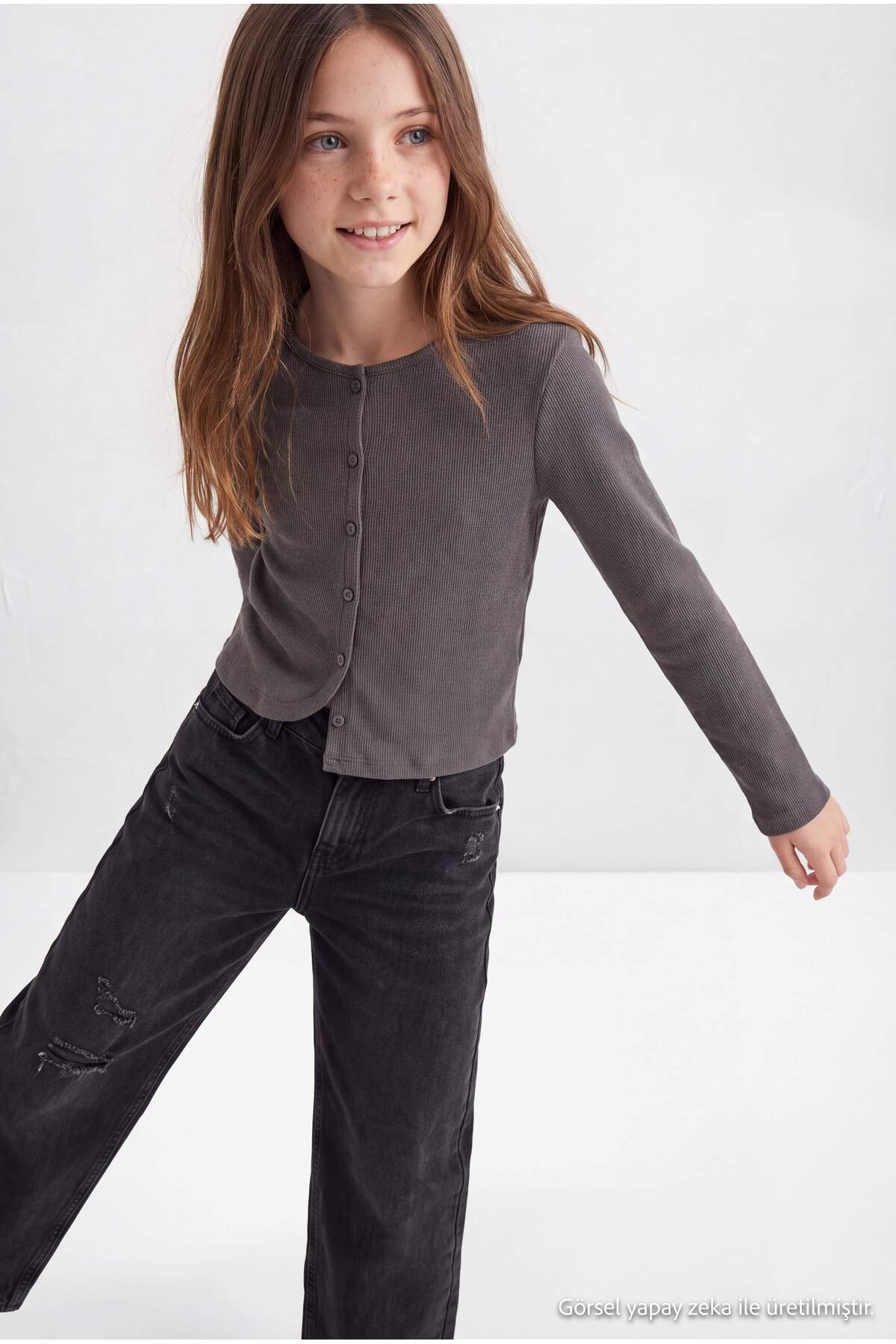 Girls' Anthracite Ribbed Stretch Button-Front Top