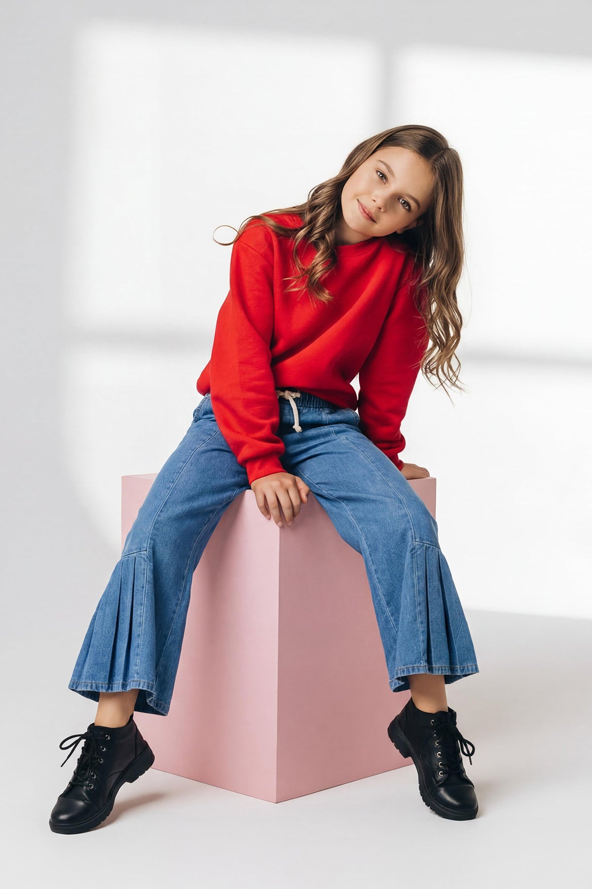 Girls' Light Blue Ruffled Flared Denim Trousers