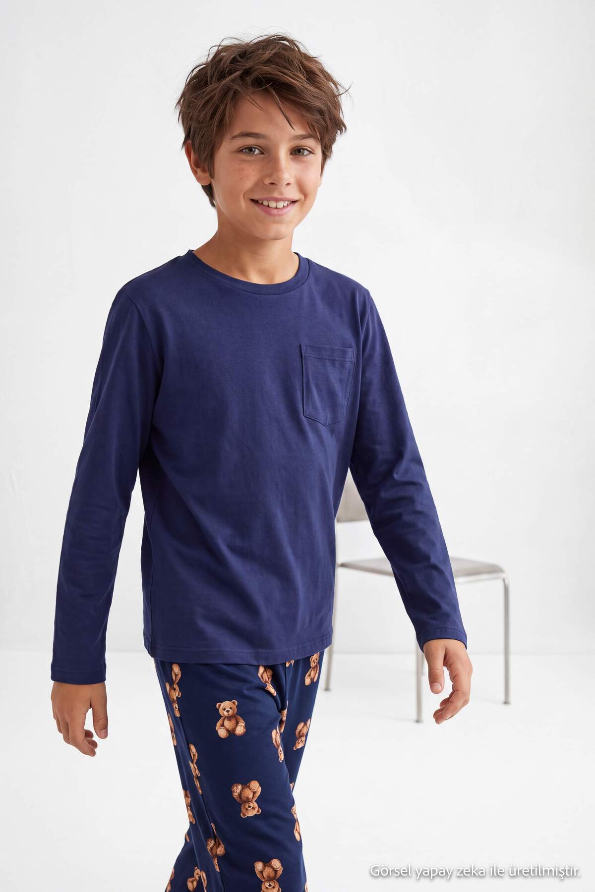 Boys' Navy Pyjama Set with Teddy-Print Trousers