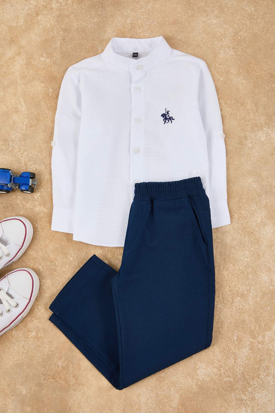 Boys' White Grandad-Collar Shirt & Trousers Set