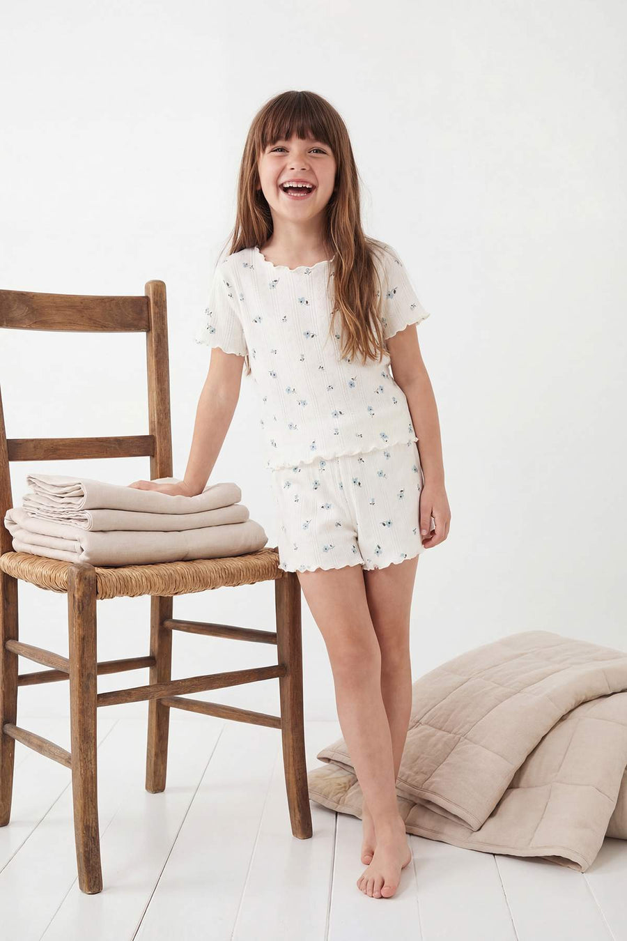 Girls' Ecru Ruffled Pointelle Pyjama Set