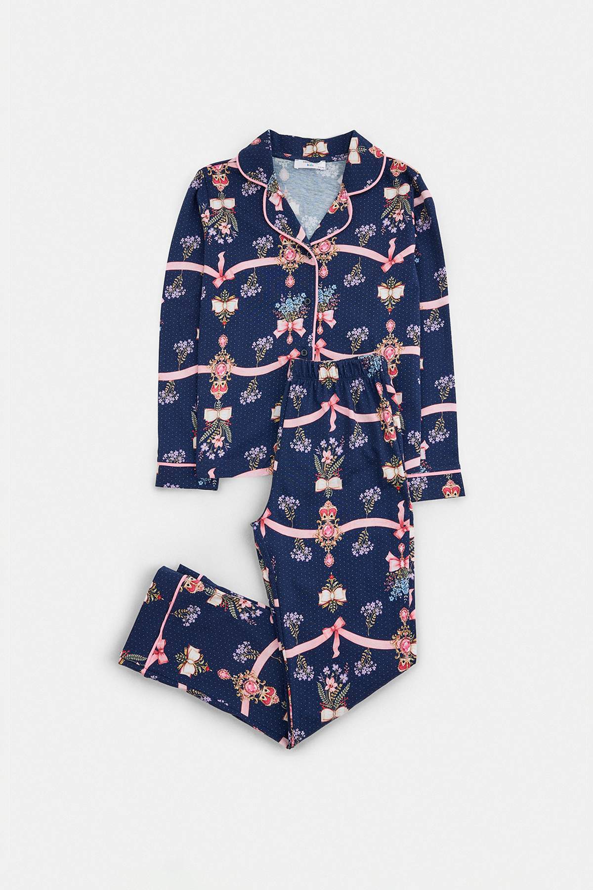 Girls' Navy Printed Button-Up Pyjama Set