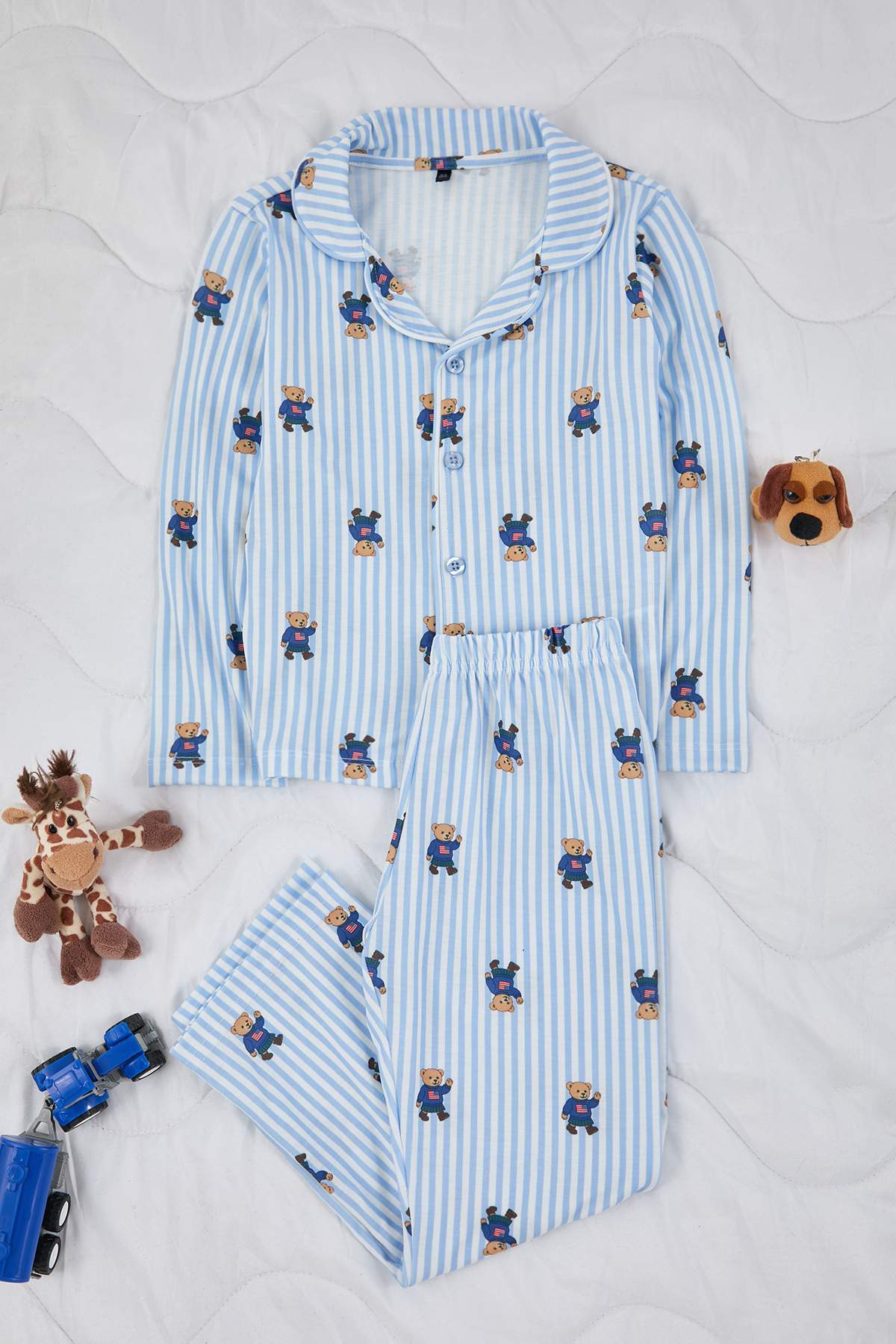 Kids' Blue Soft-Touch Patterned Shirt-Collar Pyjama Set