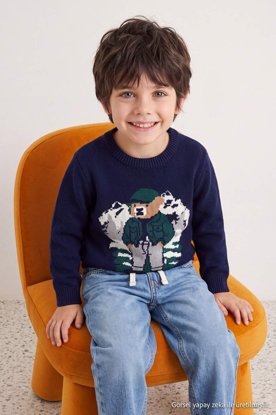 Boys' Navy Bear-Motif Knit Jumper