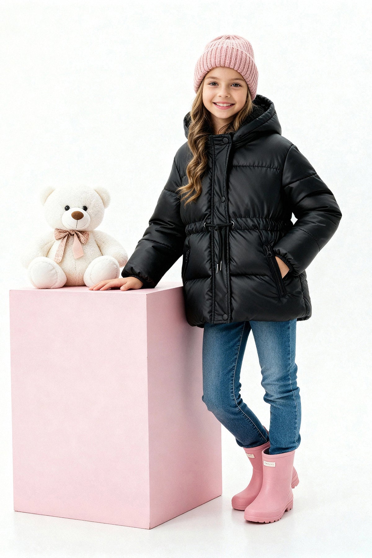 Girls' Black Fleece-Lined Hooded Coat