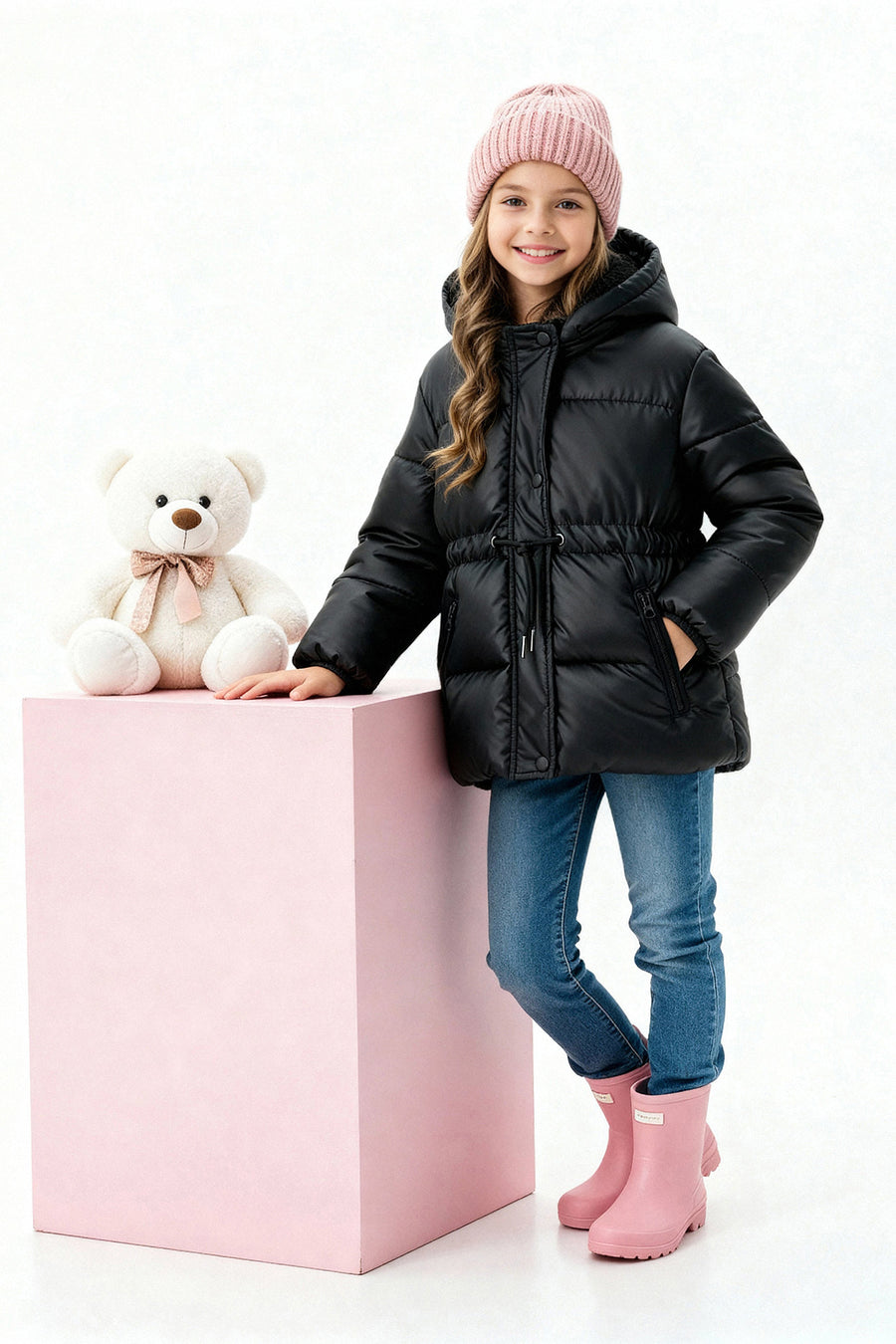 Girls' Black Fleece-Lined Hooded Coat