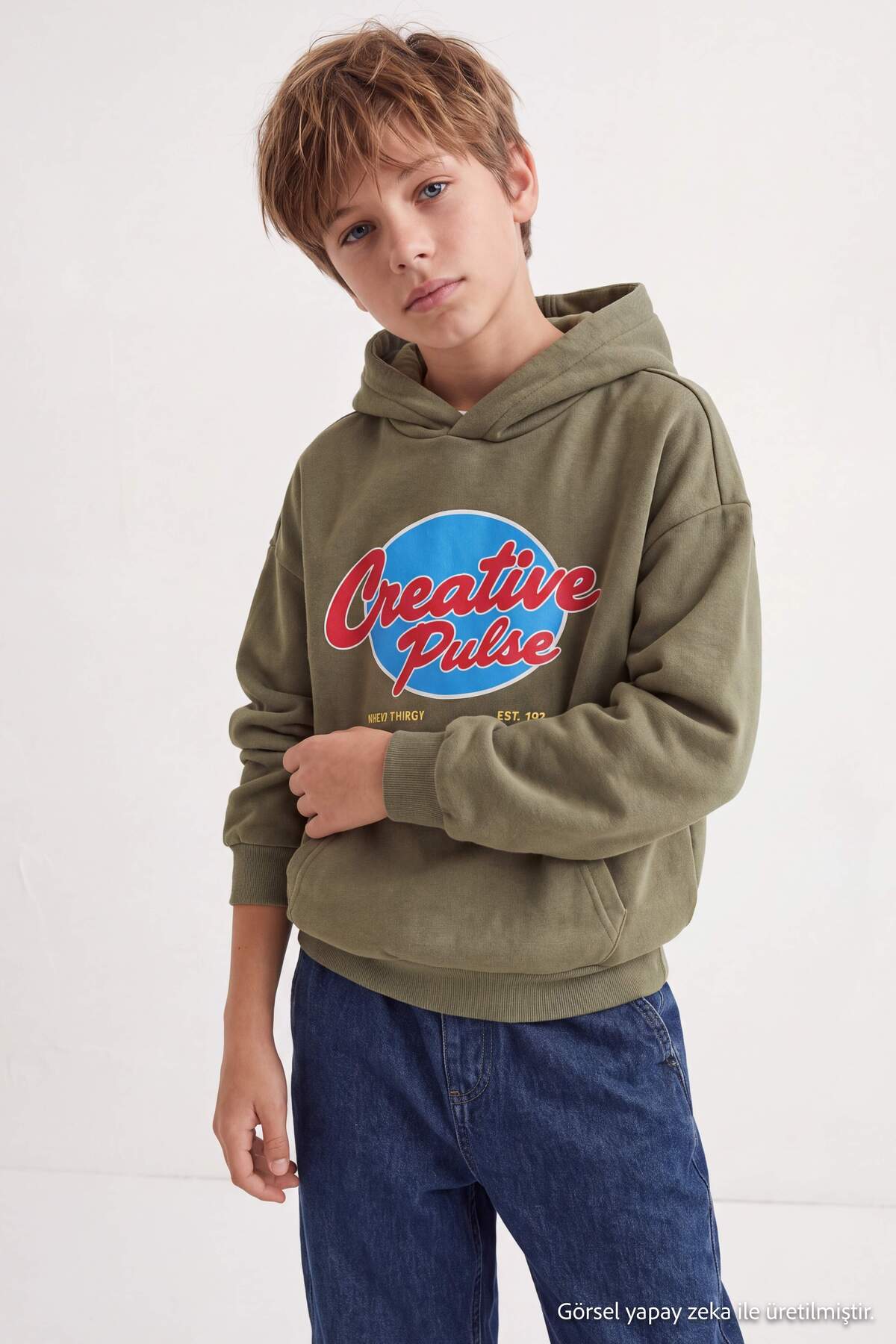 Boys' Khaki Printed Hooded Sweatshirt