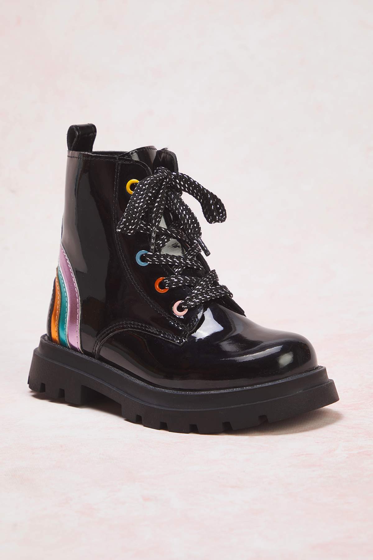 Girls' Black Patent Lace-Up Combat Boots with Zip