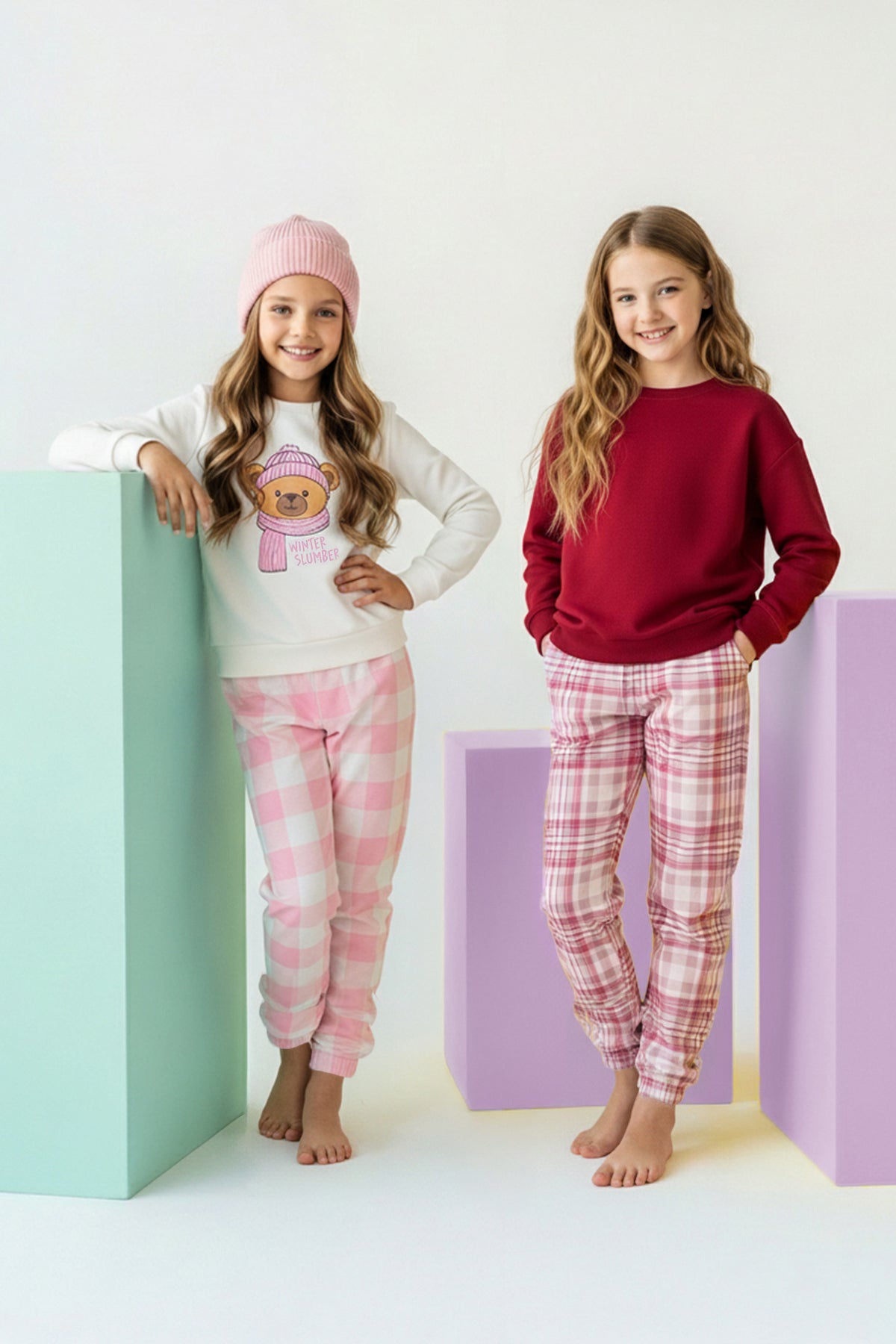 Girls' Burgundy & Pink Check Soft Pyjama 4-Piece Set