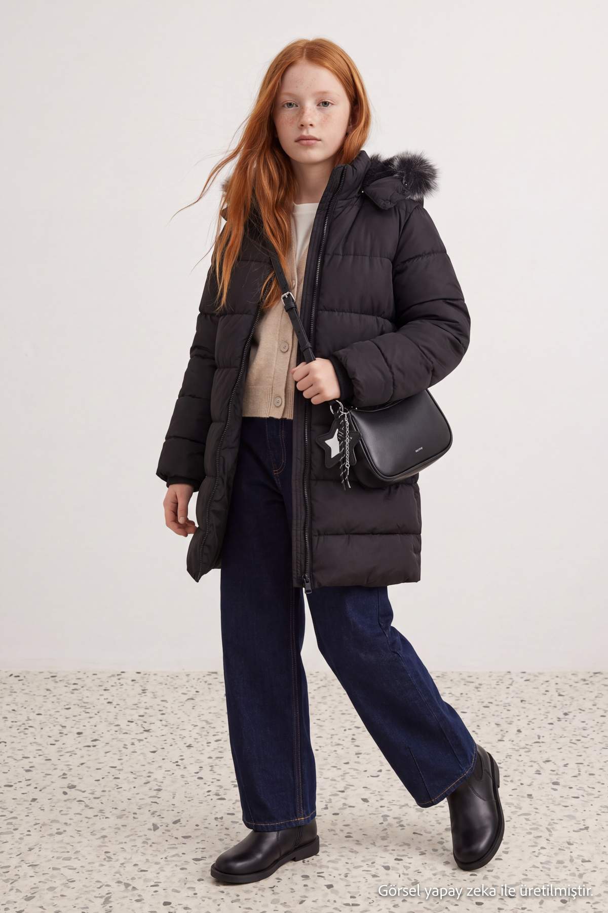 Girls' Black Long Fleece-Lined Hooded Coat