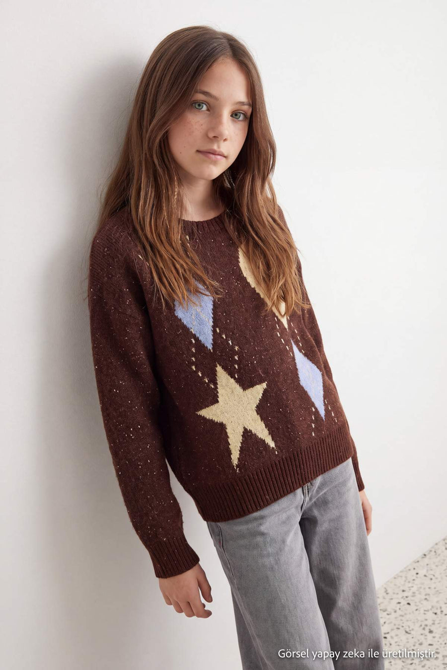 Girls' Brown Star-Pattern Jumper