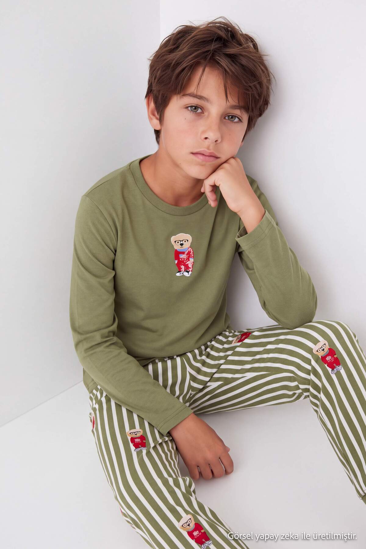 Boys' Khaki Printed Cotton Pyjama Set