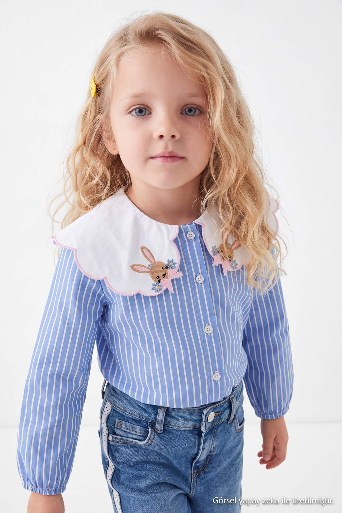 Girls' Blue Striped Bunny-Collar Shirt