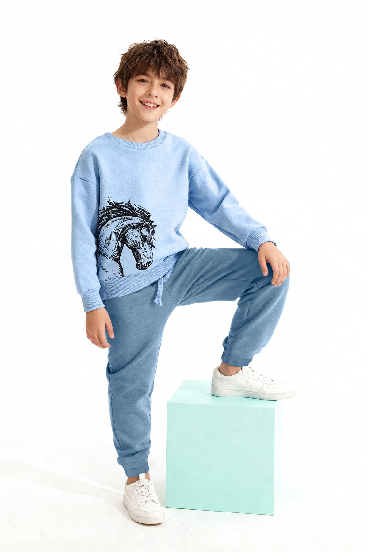 Boys' Blue Horse-Print Fleece-Lined Two-Piece Set