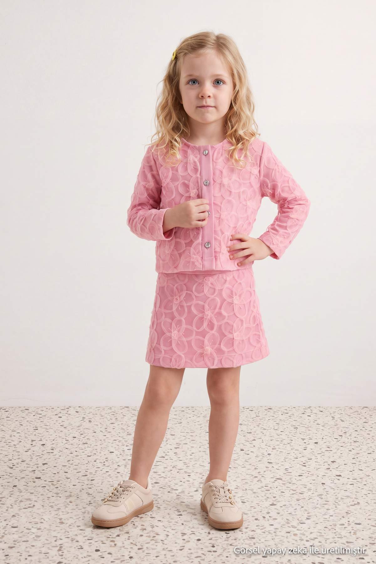 Girls' Pink Cotton Tulle-Detail Jacket & Skirt Set