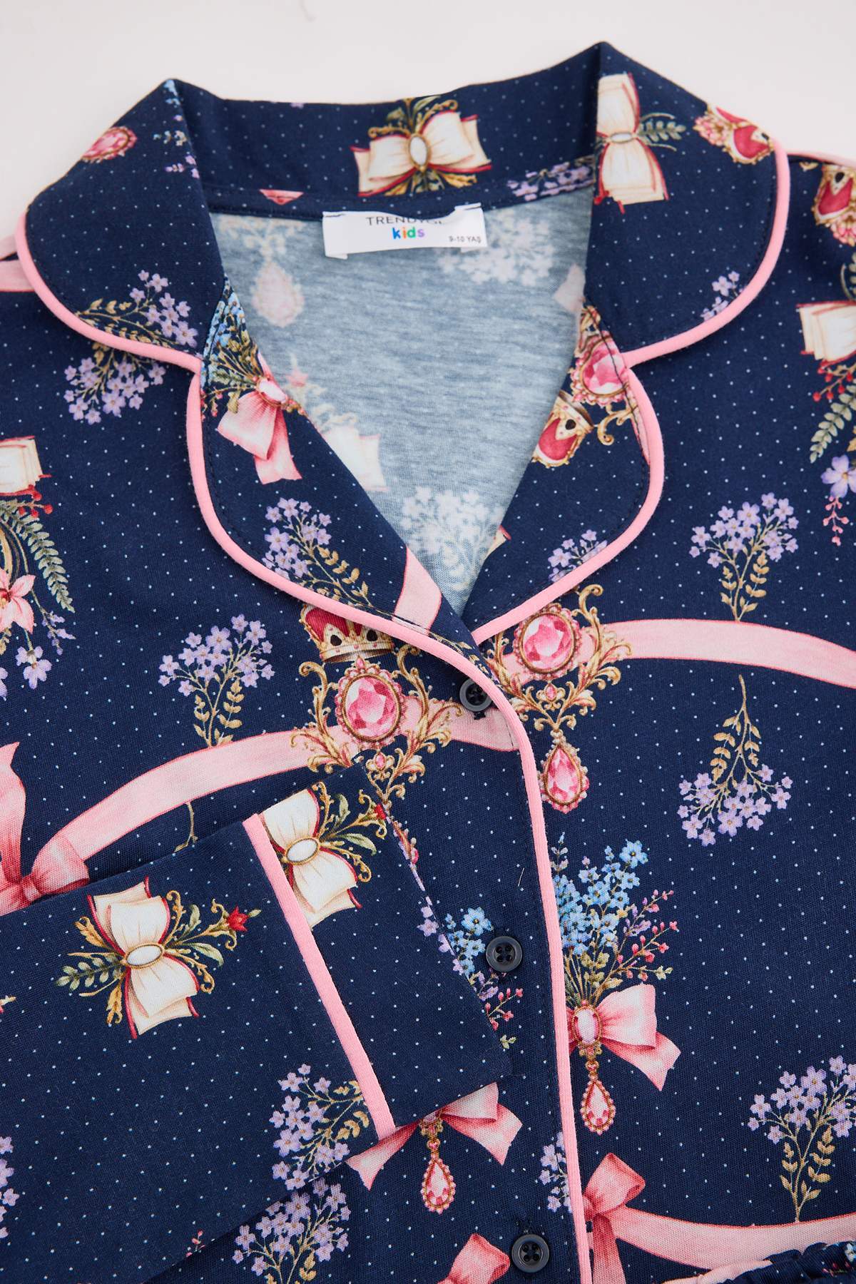 Girls' Navy Printed Button-Up Pyjama Set