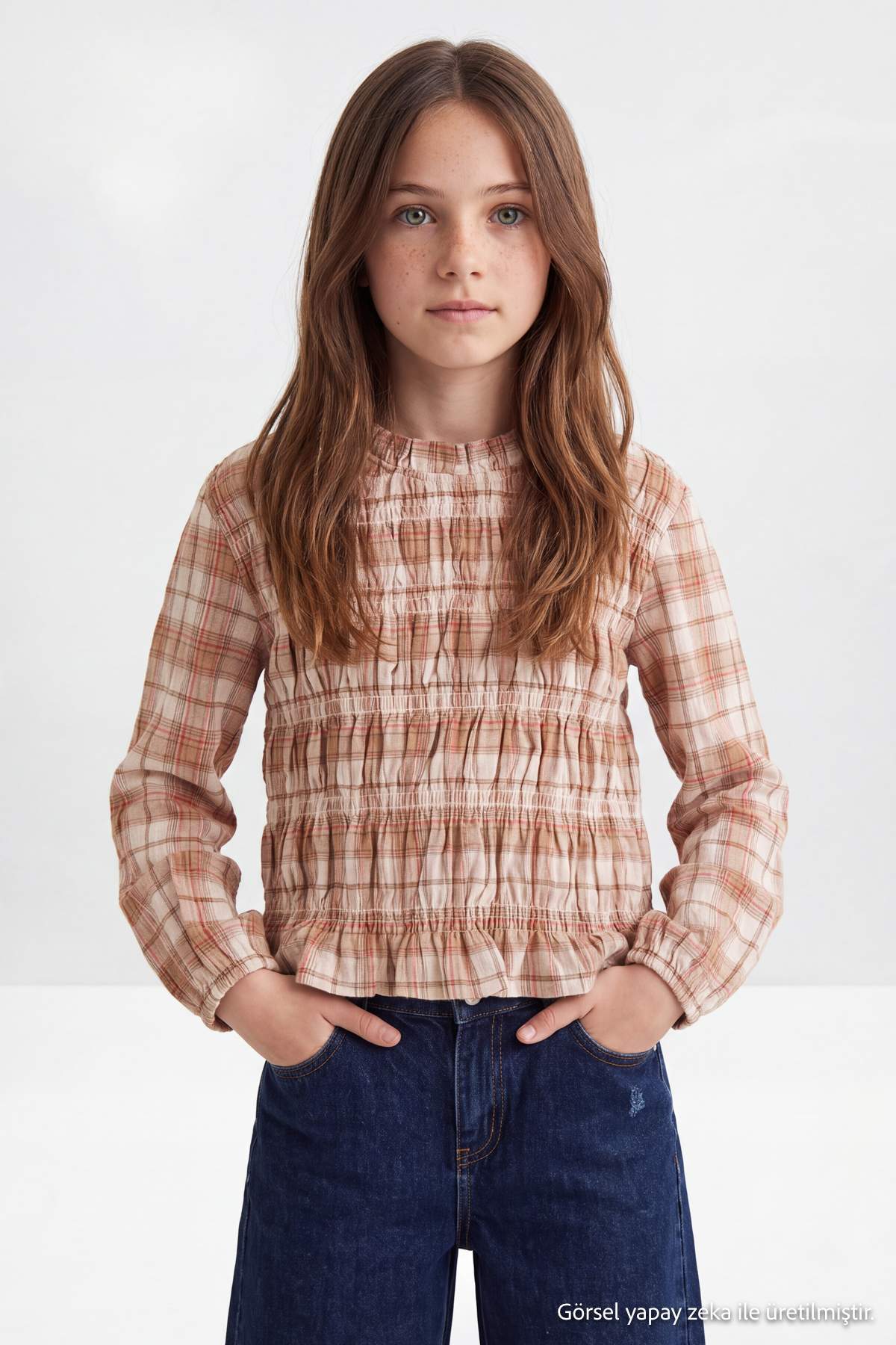 Girls' Plaid Shirred Long-Sleeve Shirt