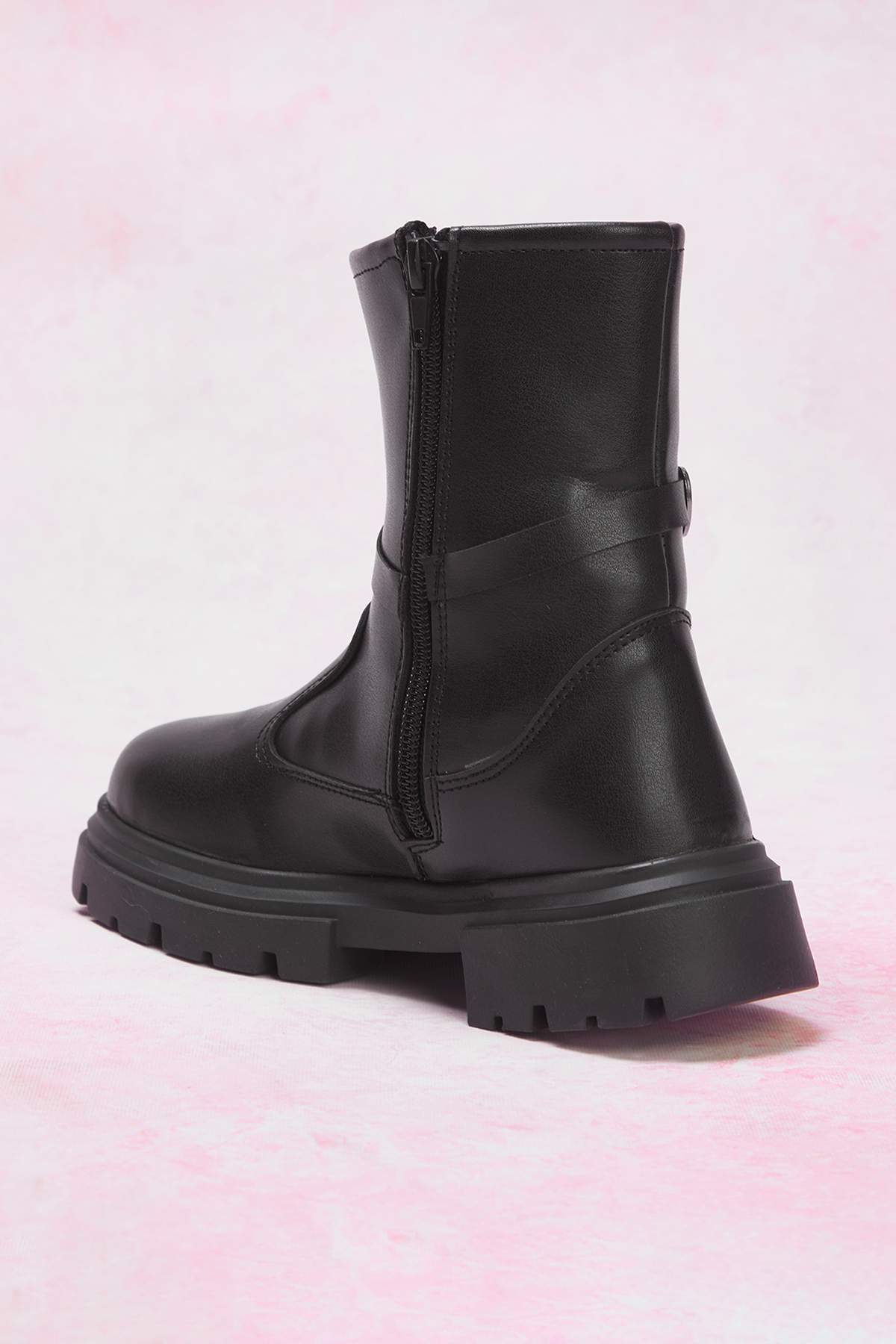 Girls' Black Heart-Buckle Zip Boots