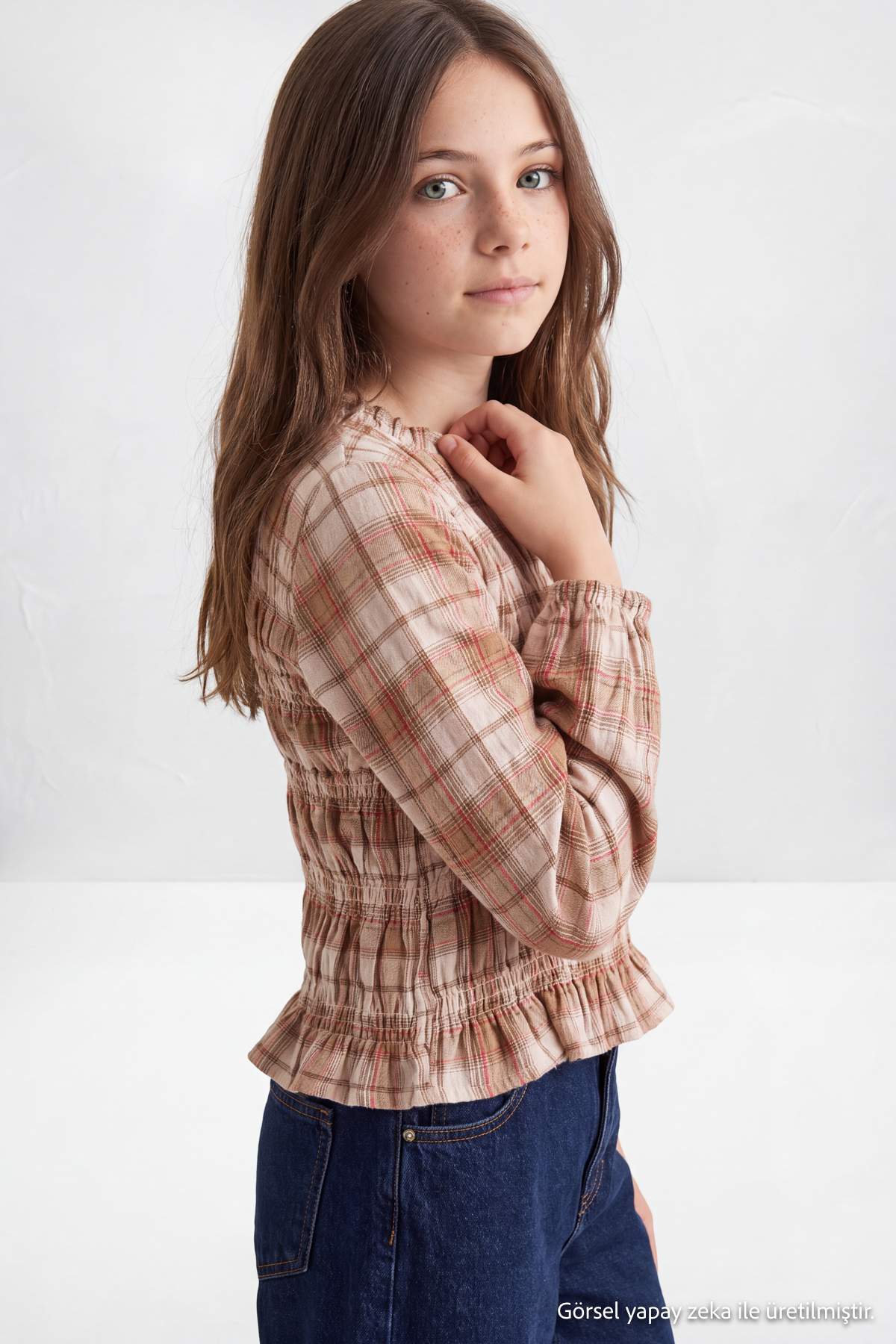 Girls' Plaid Shirred Long-Sleeve Shirt