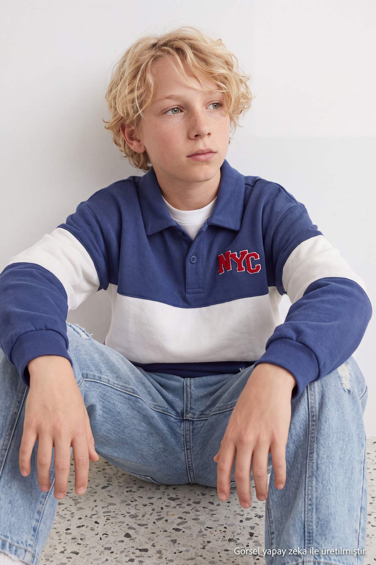 Boys' Indigo Colour-Block Polo Sweatshirt