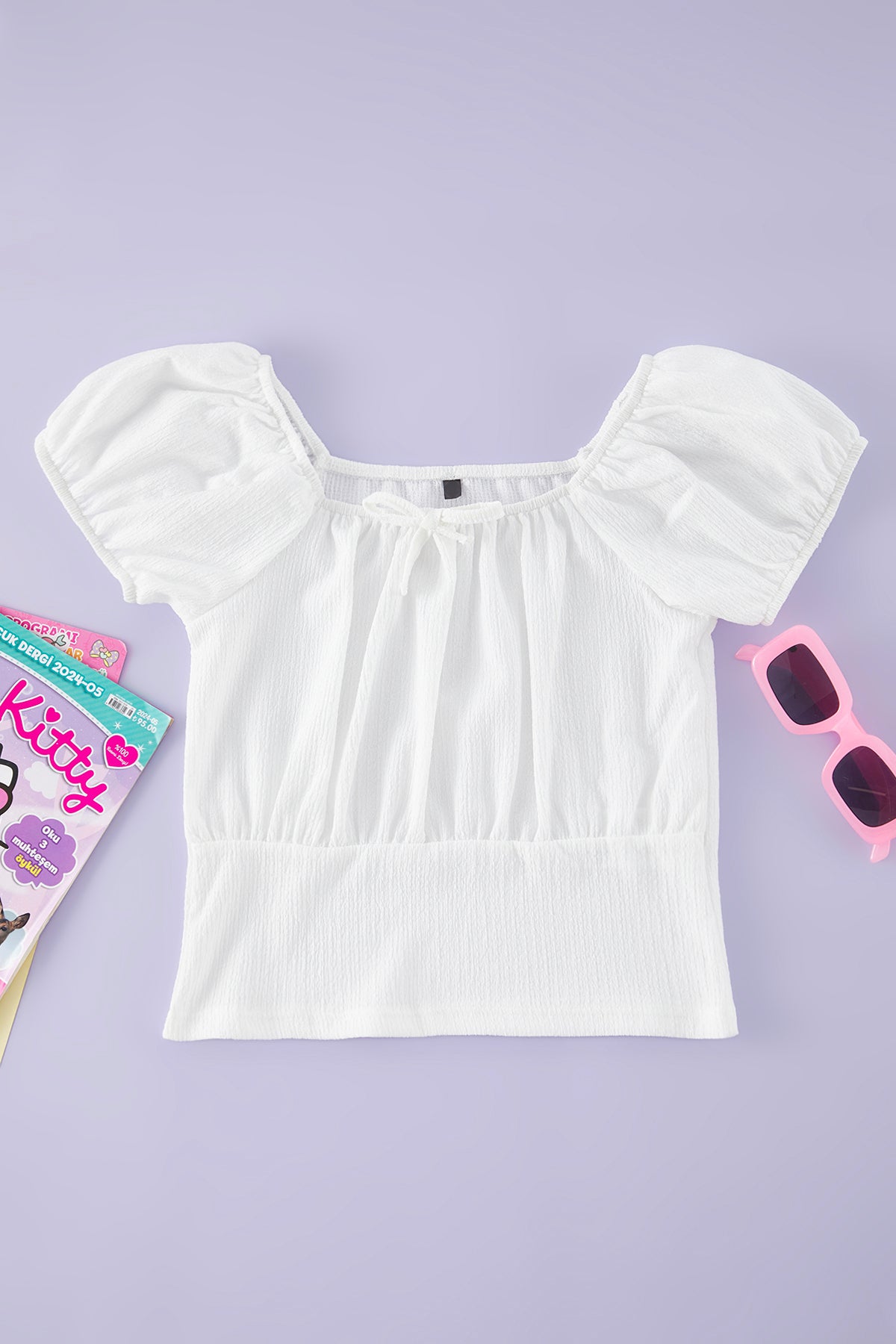 Girls' Ecru Puff-Sleeve Stretch Top