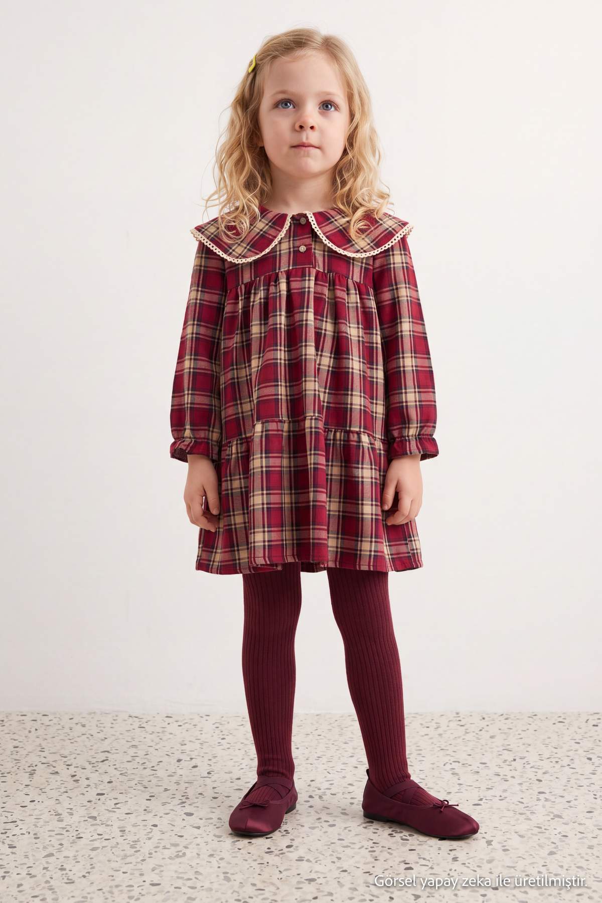 Girls' Burgundy Plaid Collared Dress