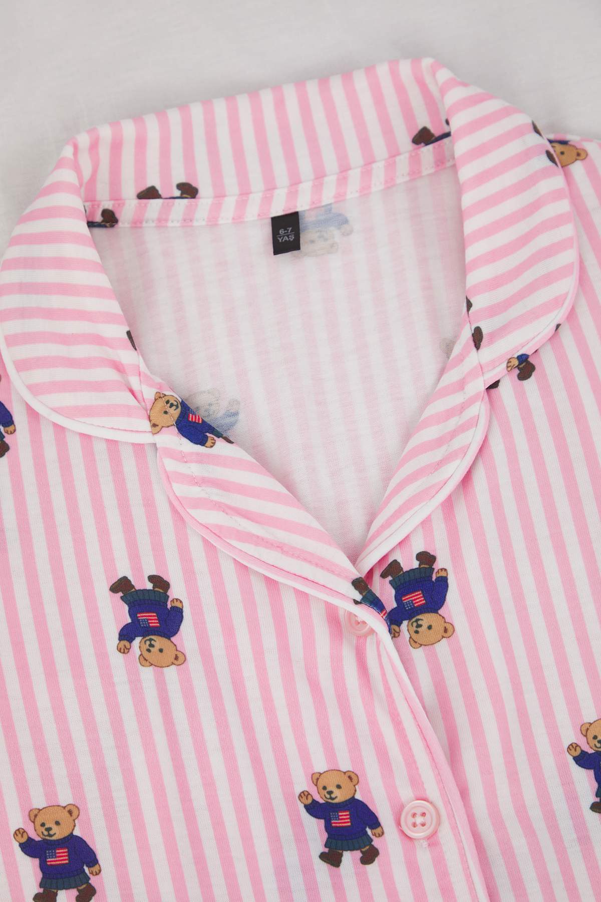 Girls' Pink Soft Patterned Pyjama Set with Shirt Collar